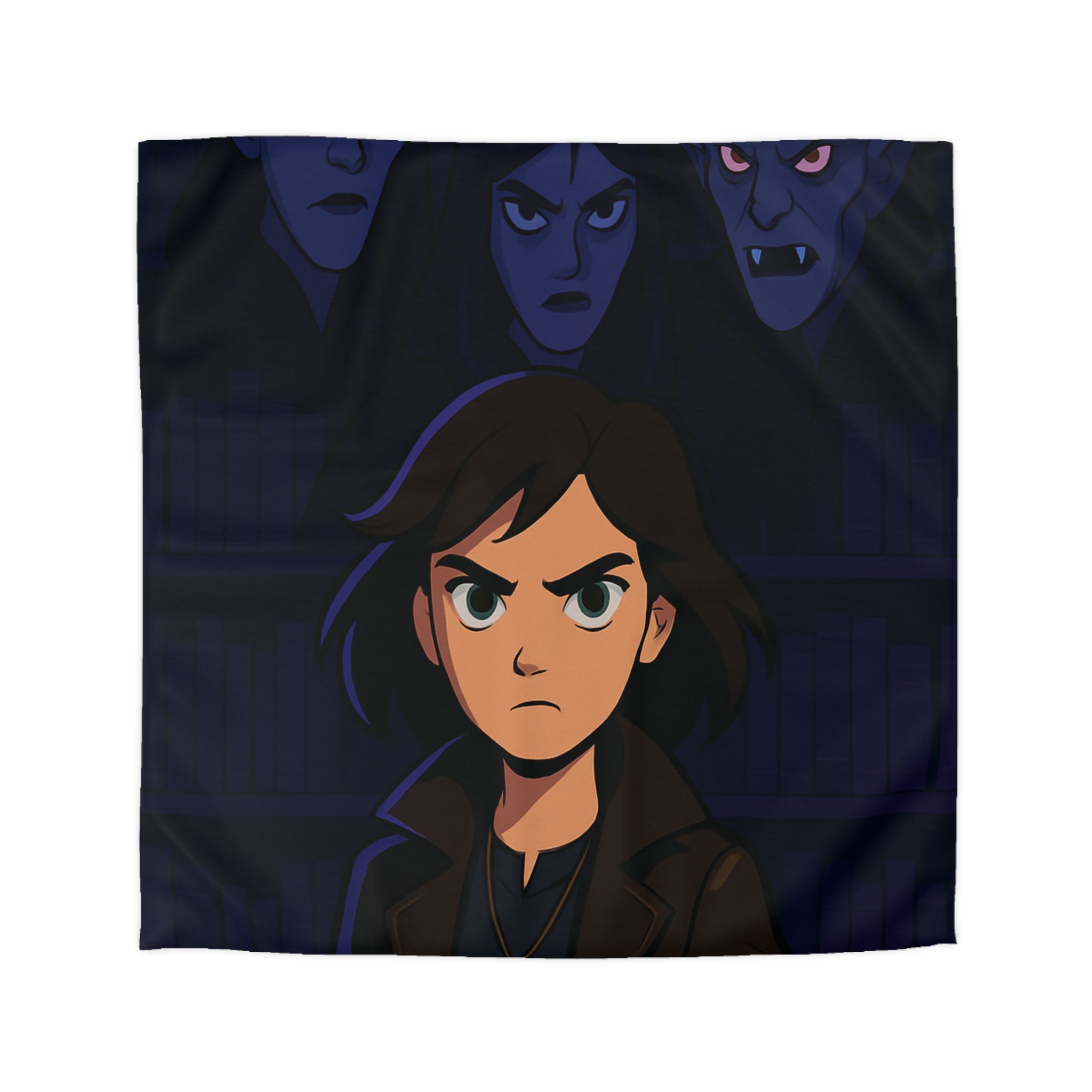 Housse de couette mystérieuse avec personnage sombre et biblio-thème style graphique