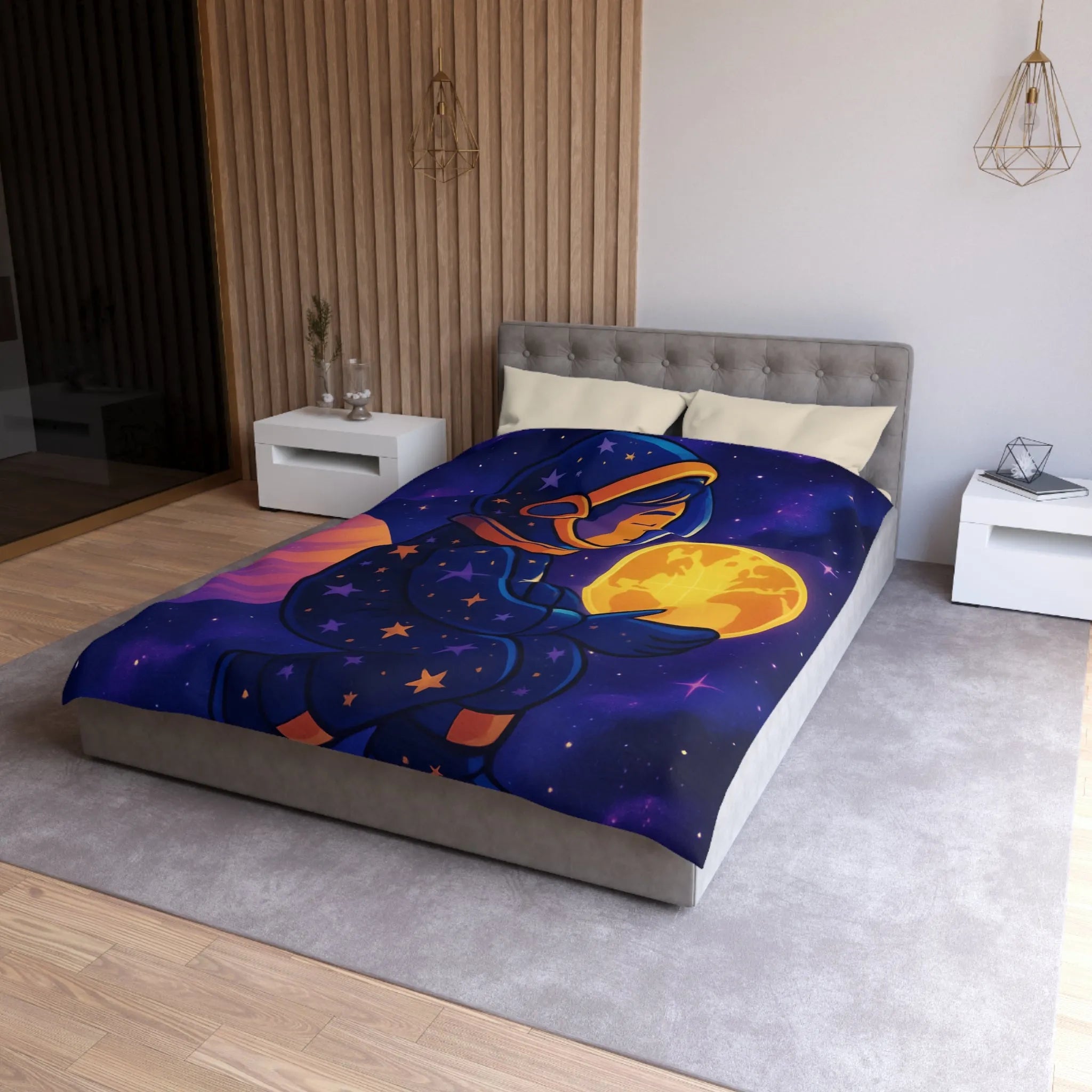 Housse de couette cosmos enfantine avec astronaute rêveur tenant une planète lumineuse