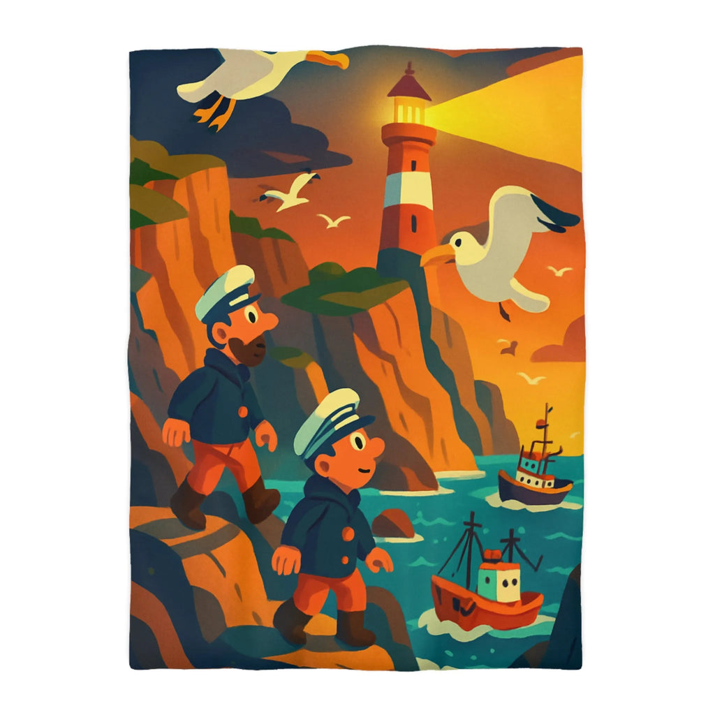 Housse de couette maritime colorée avec phares et marins au coucher du soleil