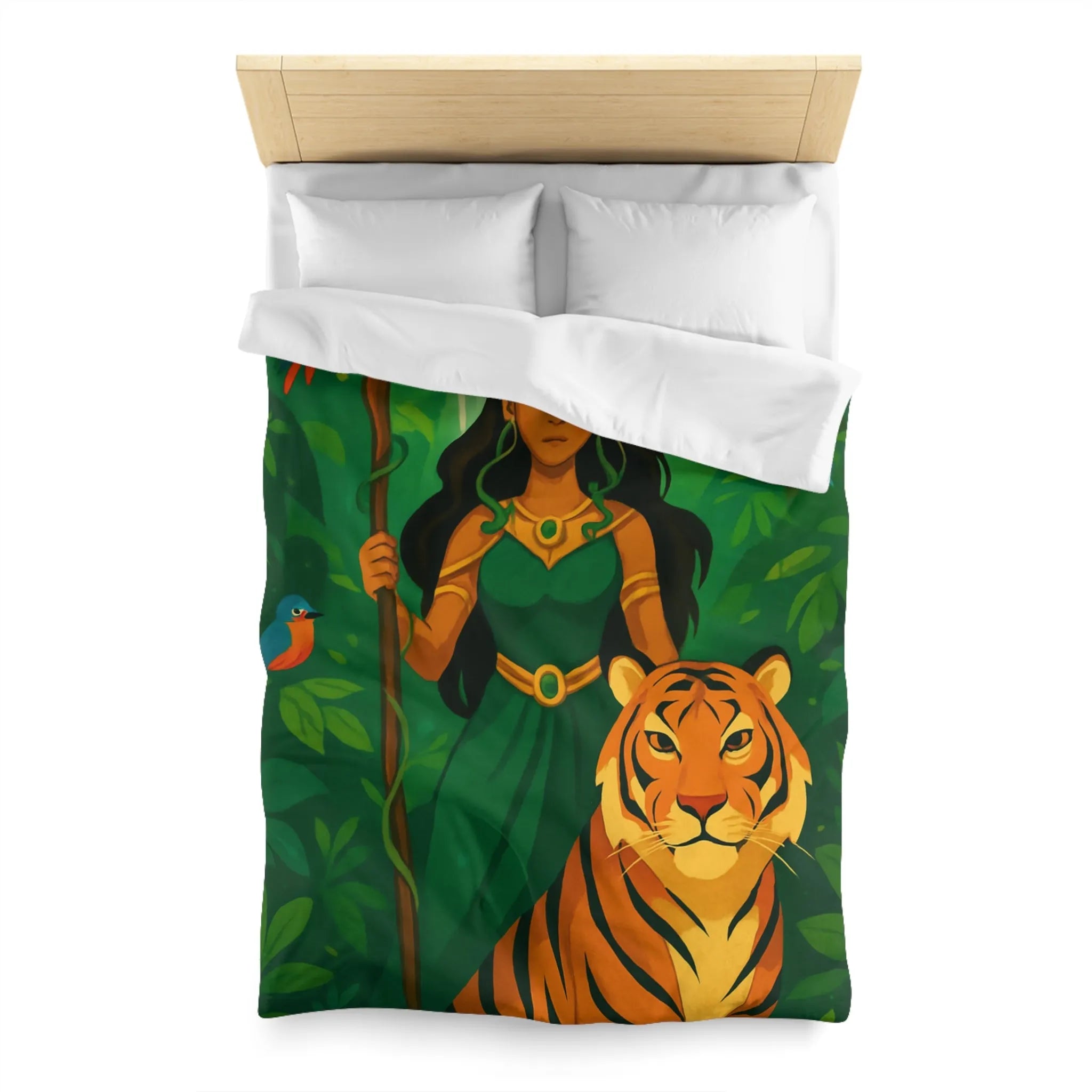 Housse de couette exotique avec tigre royal et gardienne mystique en forêt luxuriante