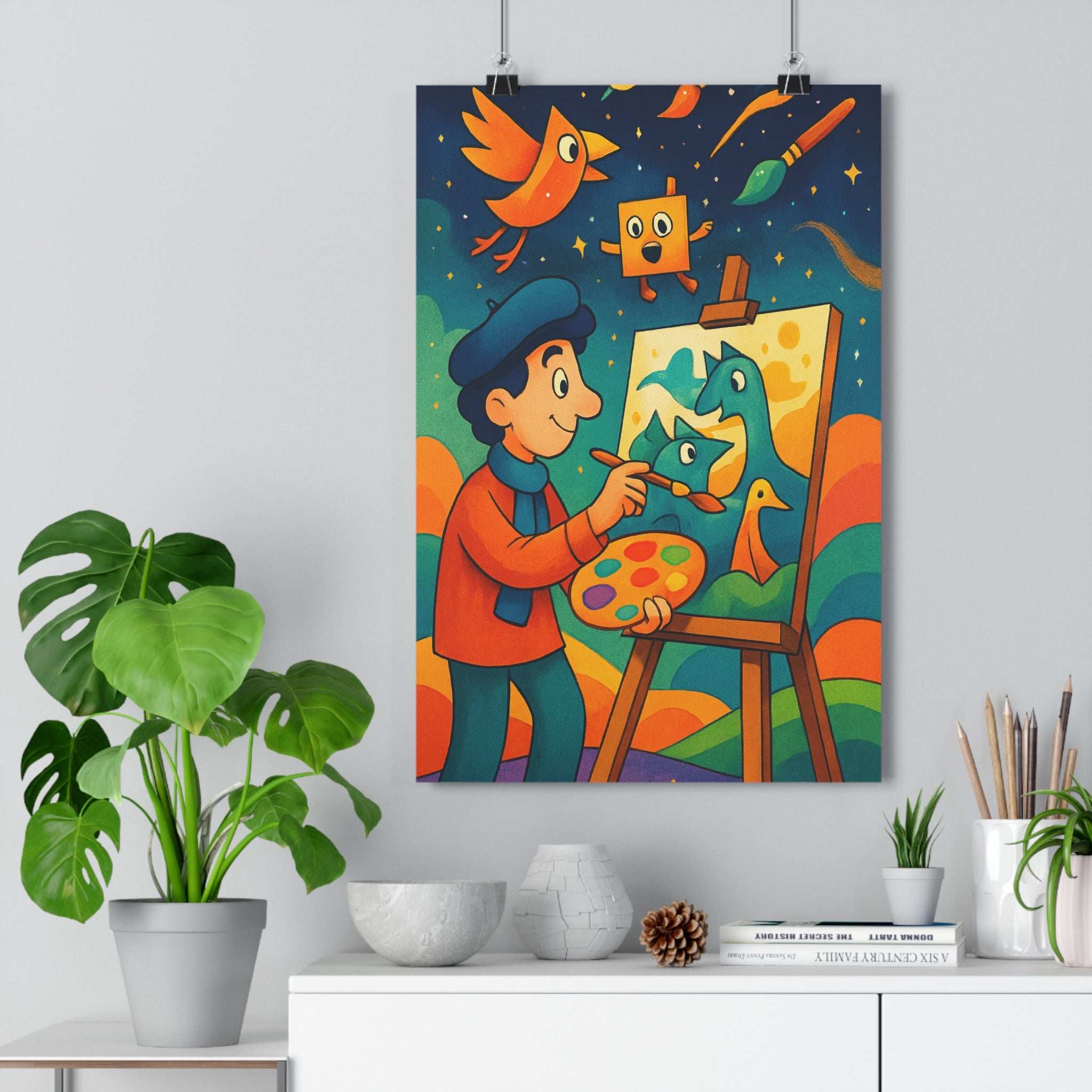 Poster décoratif artistique vibrant bleu orange vert créatif joyeux salon chambre enfant bureau magique