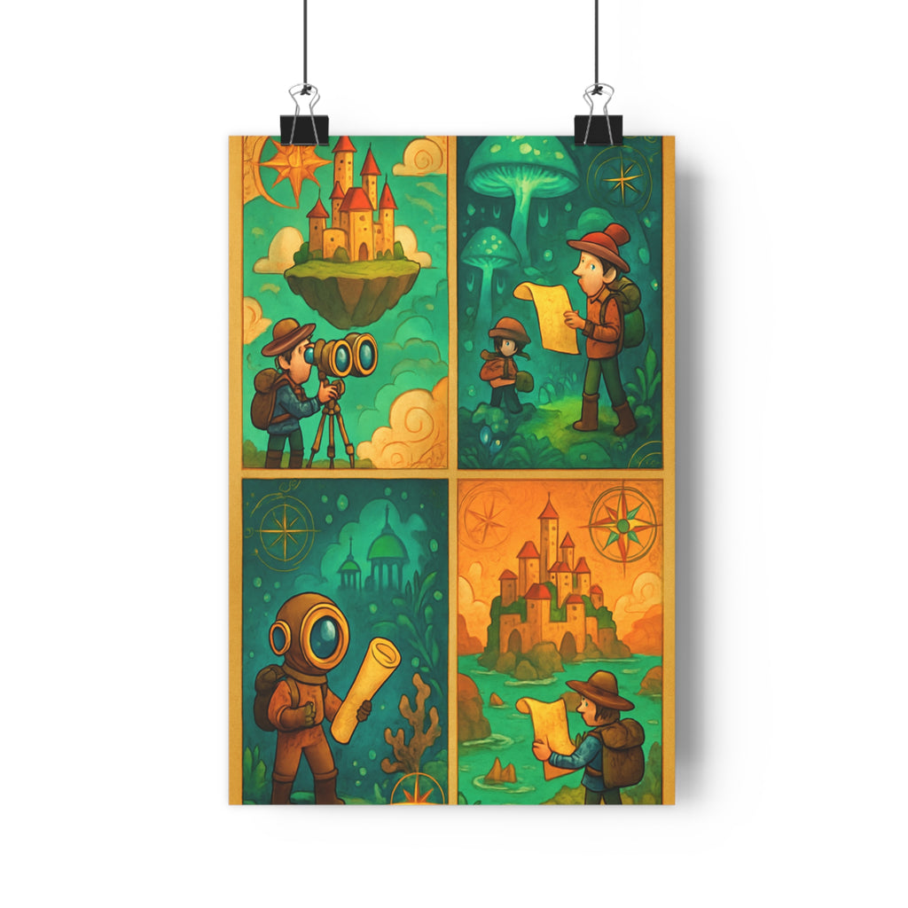 Poster décoratif steampunk rétro bleu vert orange aventure salon chambre créatif explorateurs imaginaire fantaisie