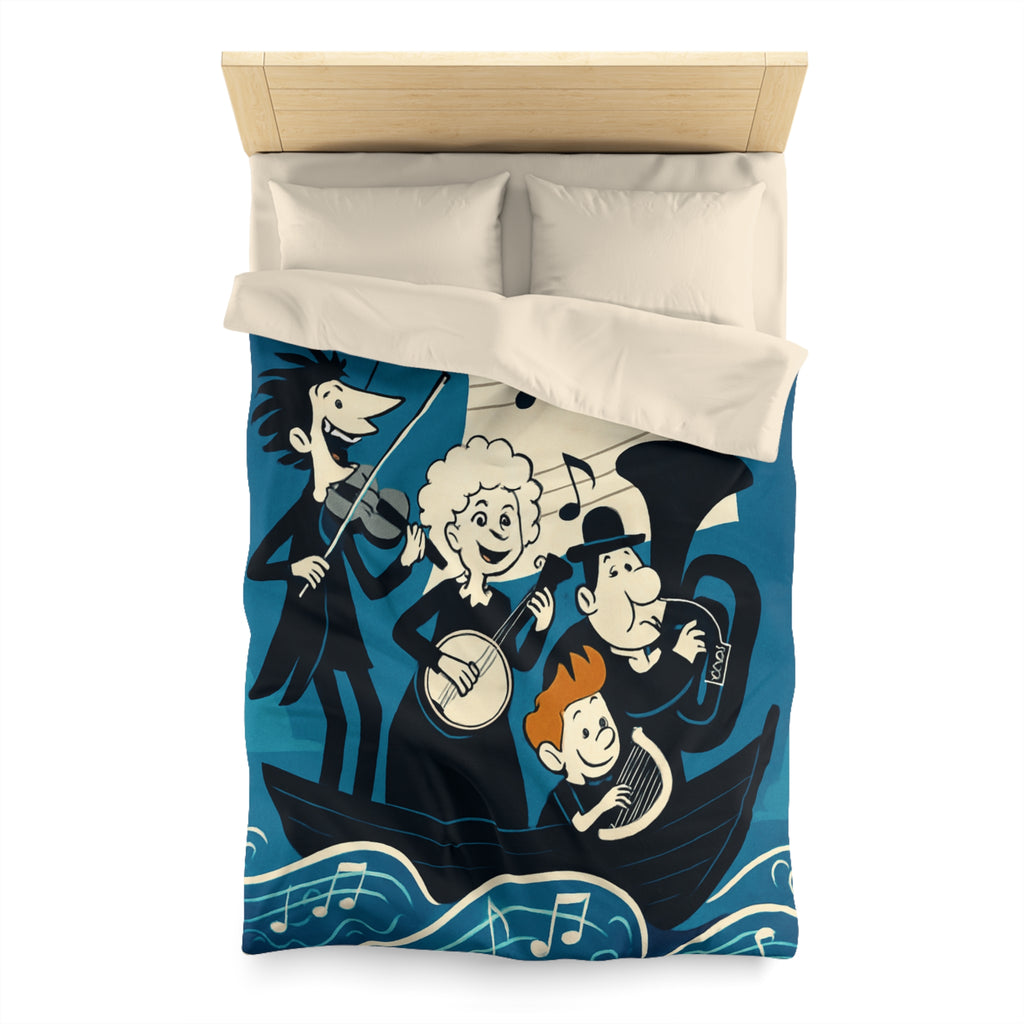 Housse de couette musicale sur l'océan avec personnages dans un bateau joyeux