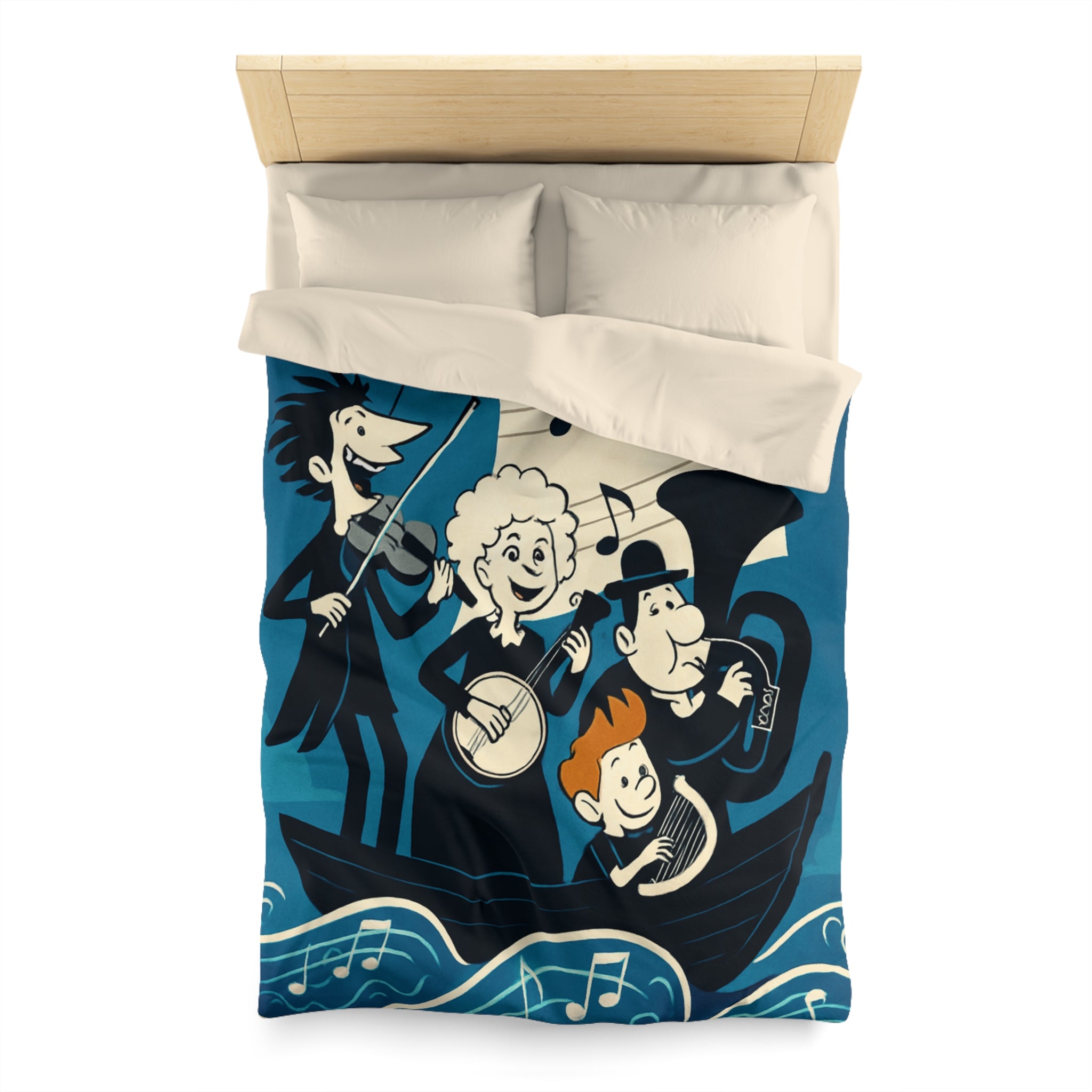 Housse de couette musicale sur l'océan avec personnages dans un bateau joyeux