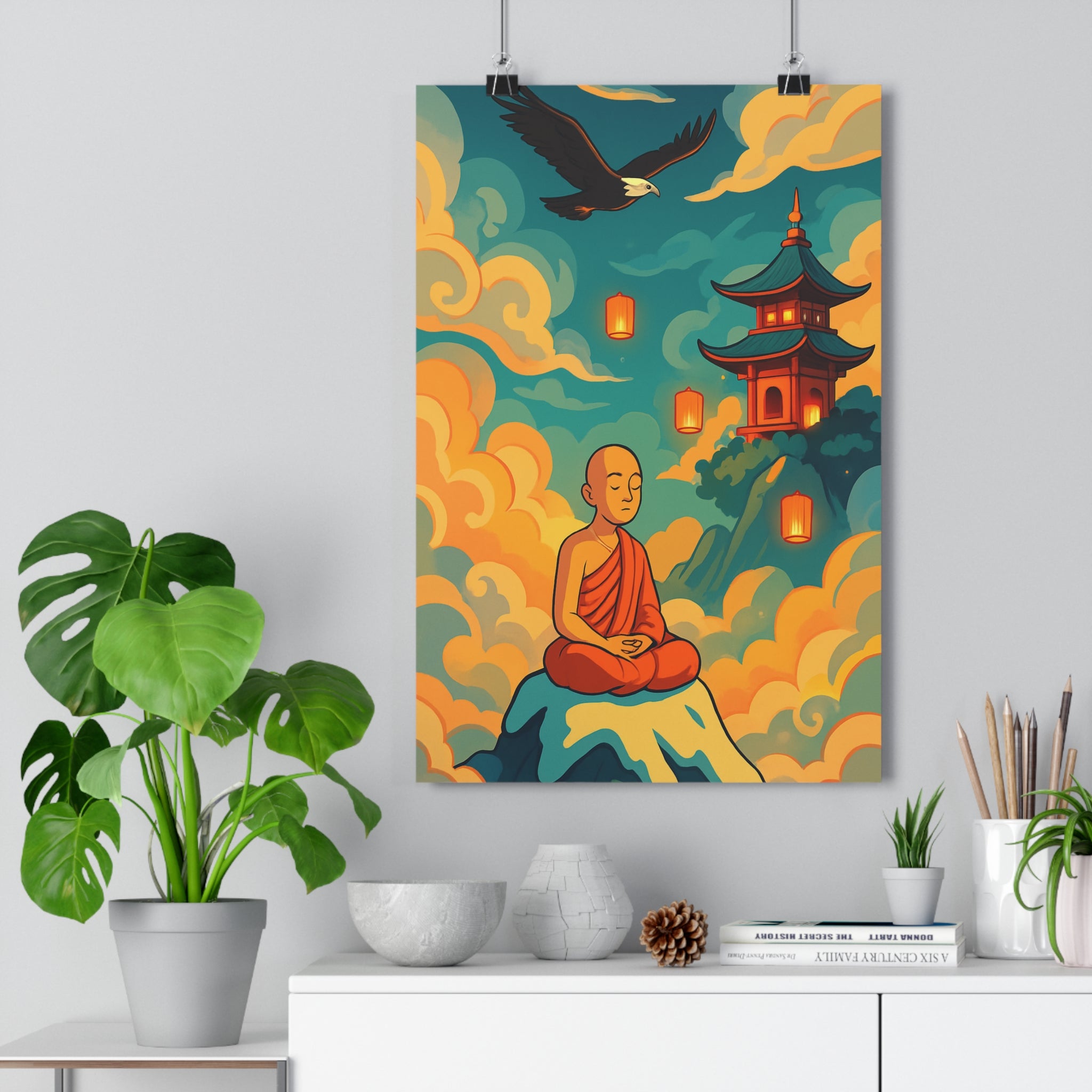 Poster décoratif cartoon zen bleu orange jaune méditation montagne moine temple nuages salon ambiance