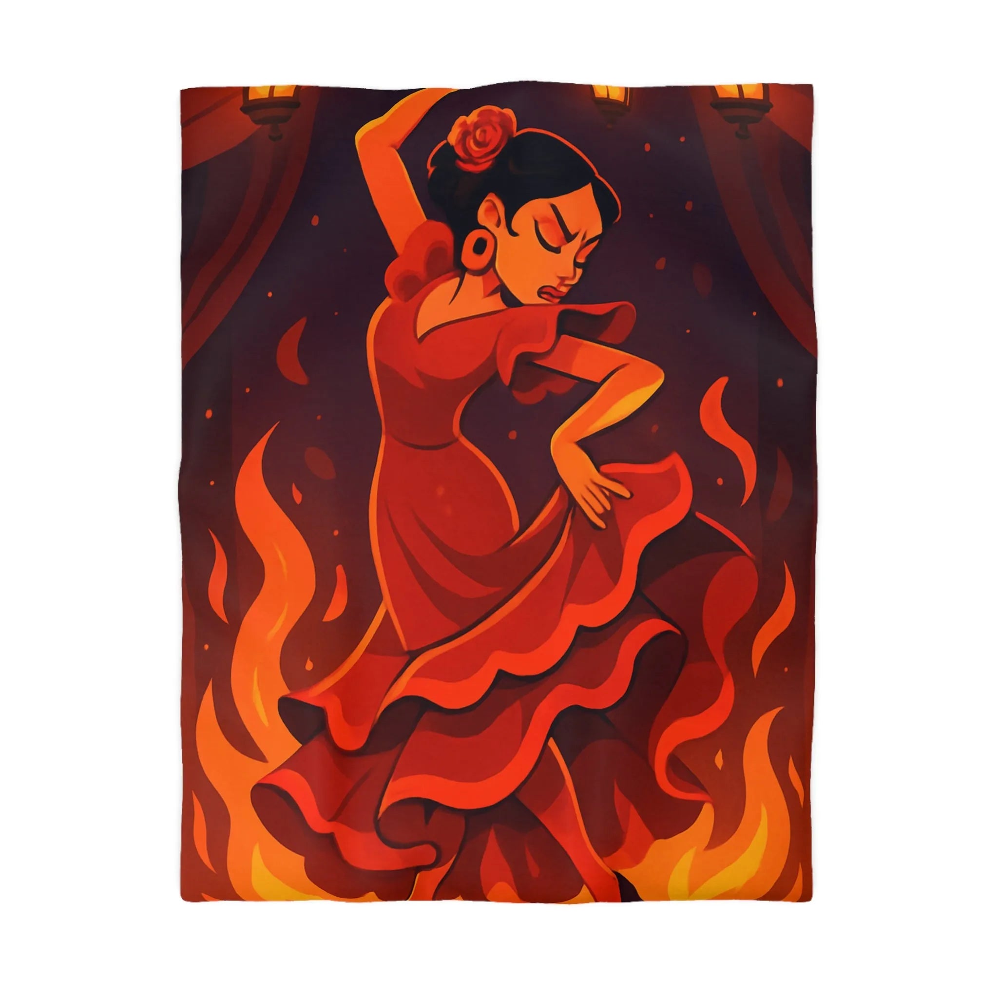 Envoûtante danseuse flamenco rouge intense, ambiance chaleureuse, lanternes et pétales dispersés.