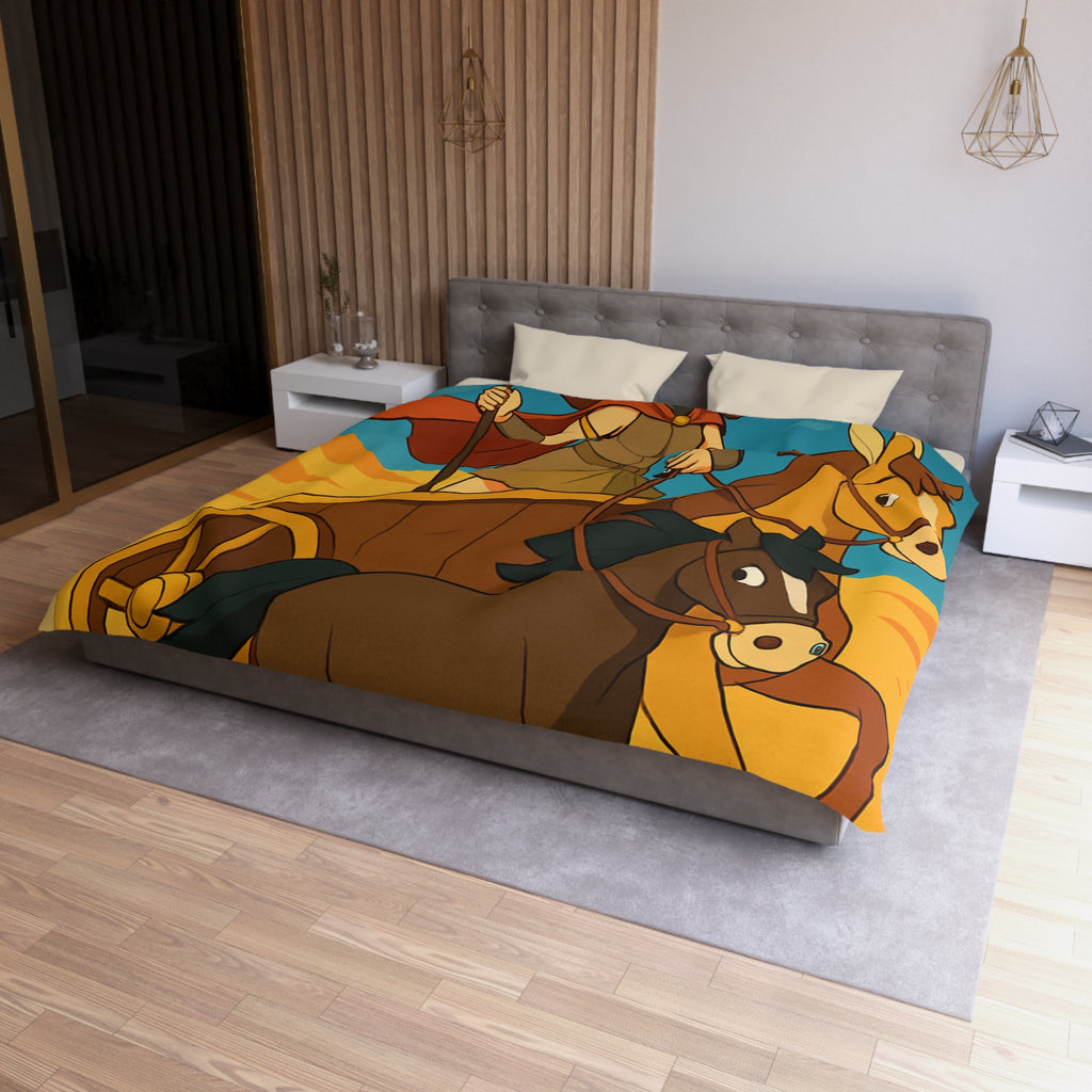Housse de couette représentant guerrière en char avec chevaux marron dans désert animé