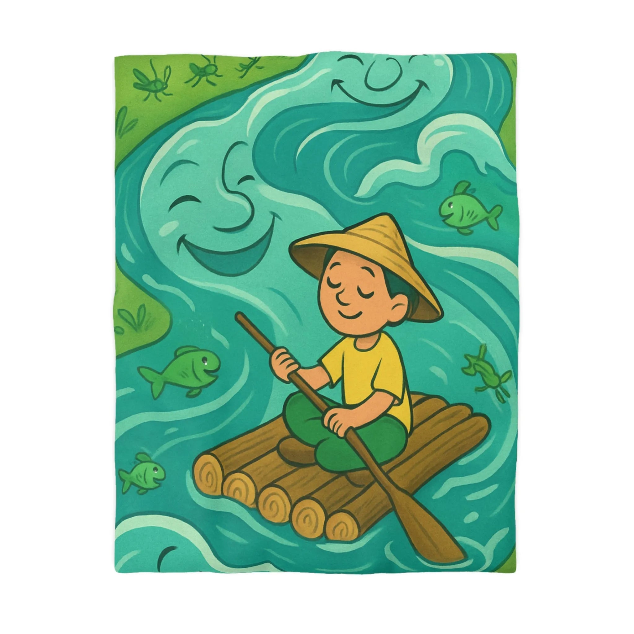 Housse de Couette Enfant avec Illustration Rêveuse de Rivière et Pêcheur Heureux