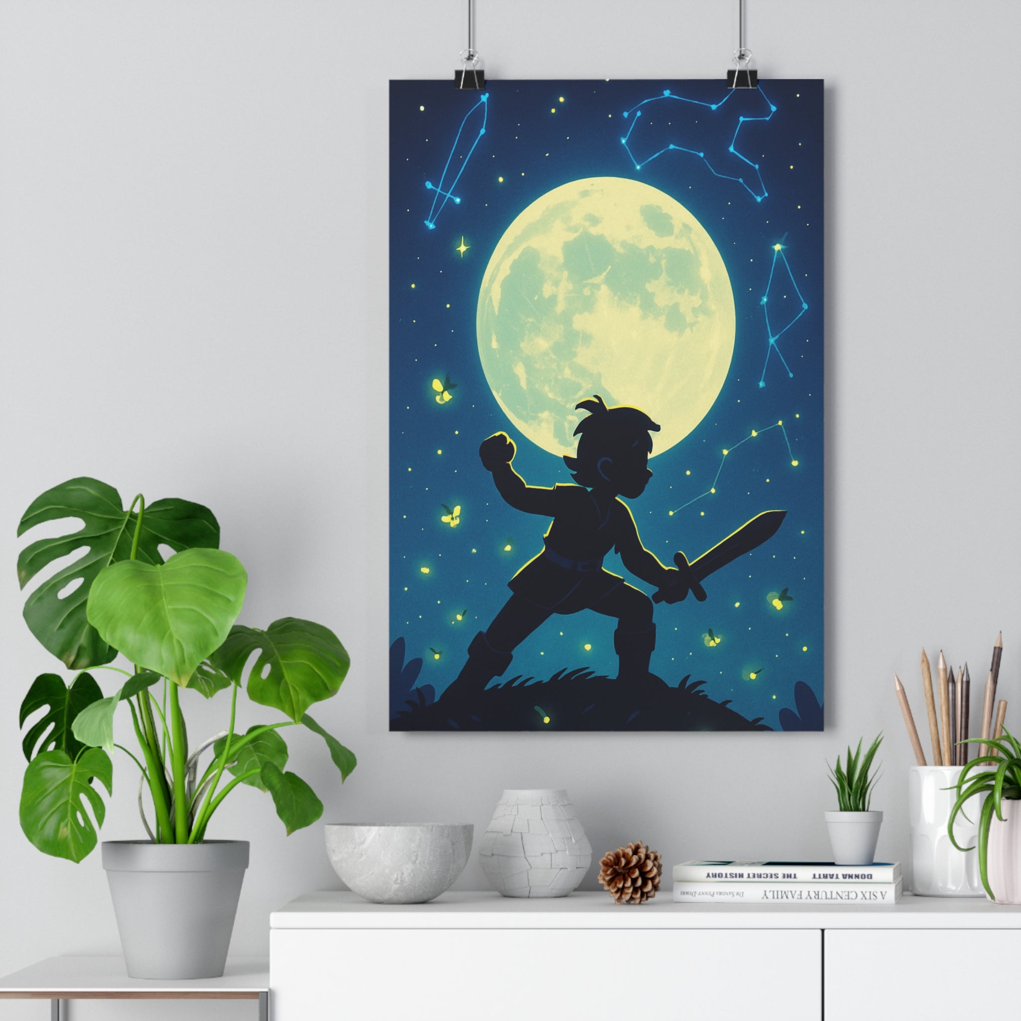 Poster décoratif yoga mystique cartoon sombre lumineux salon chambre méditation ciel étoilé ambiance détente