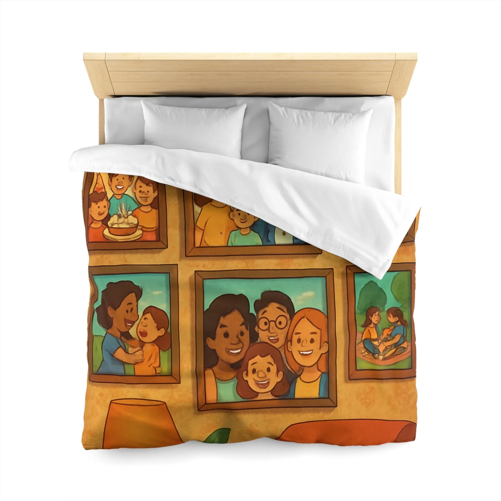 Housse de Couette Famille Heureuse avec Cadres Photo et Éléments Vintage pour Chambre