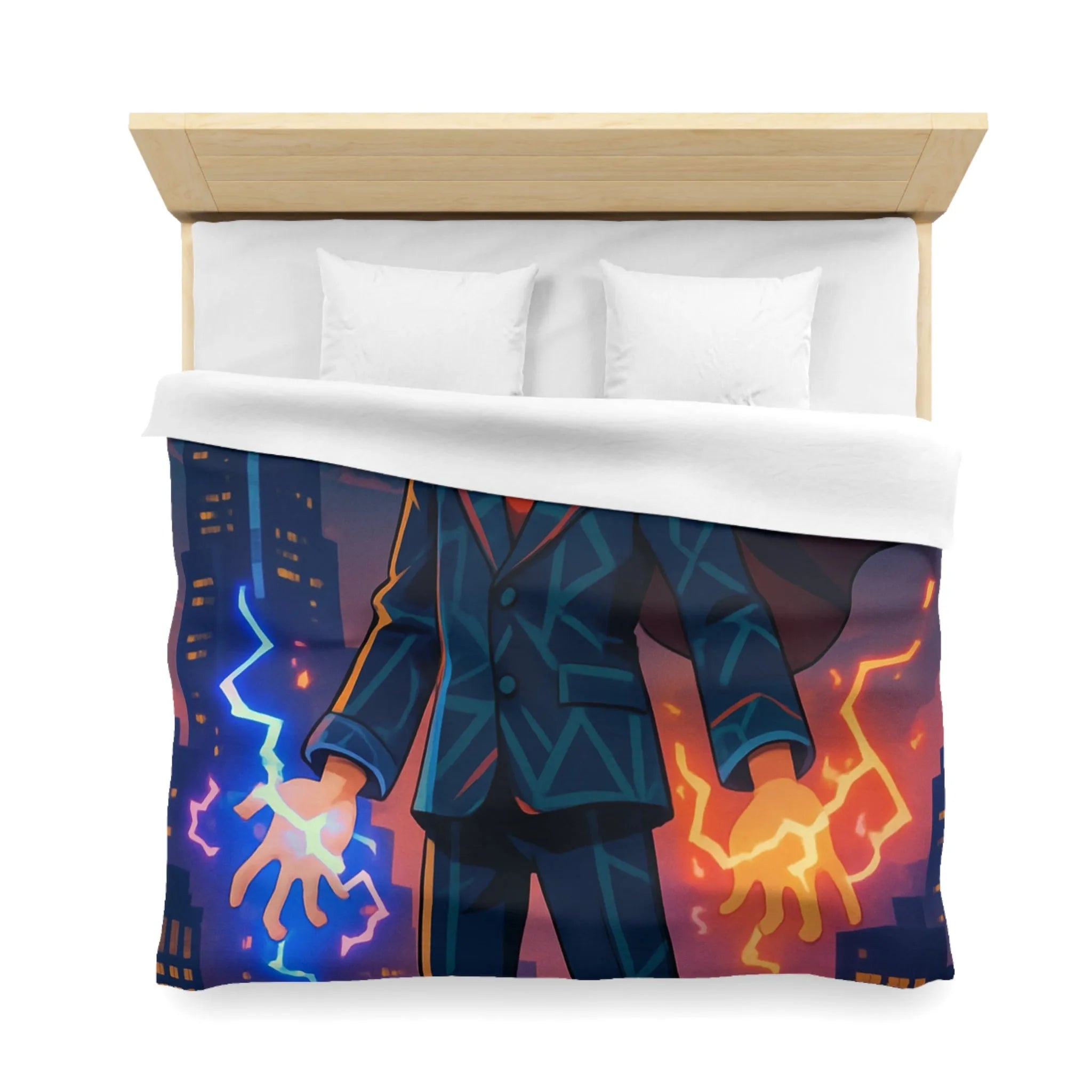 Housse de couette avec jeune magicien urbain; électricité magique, ambiance ville nocturne