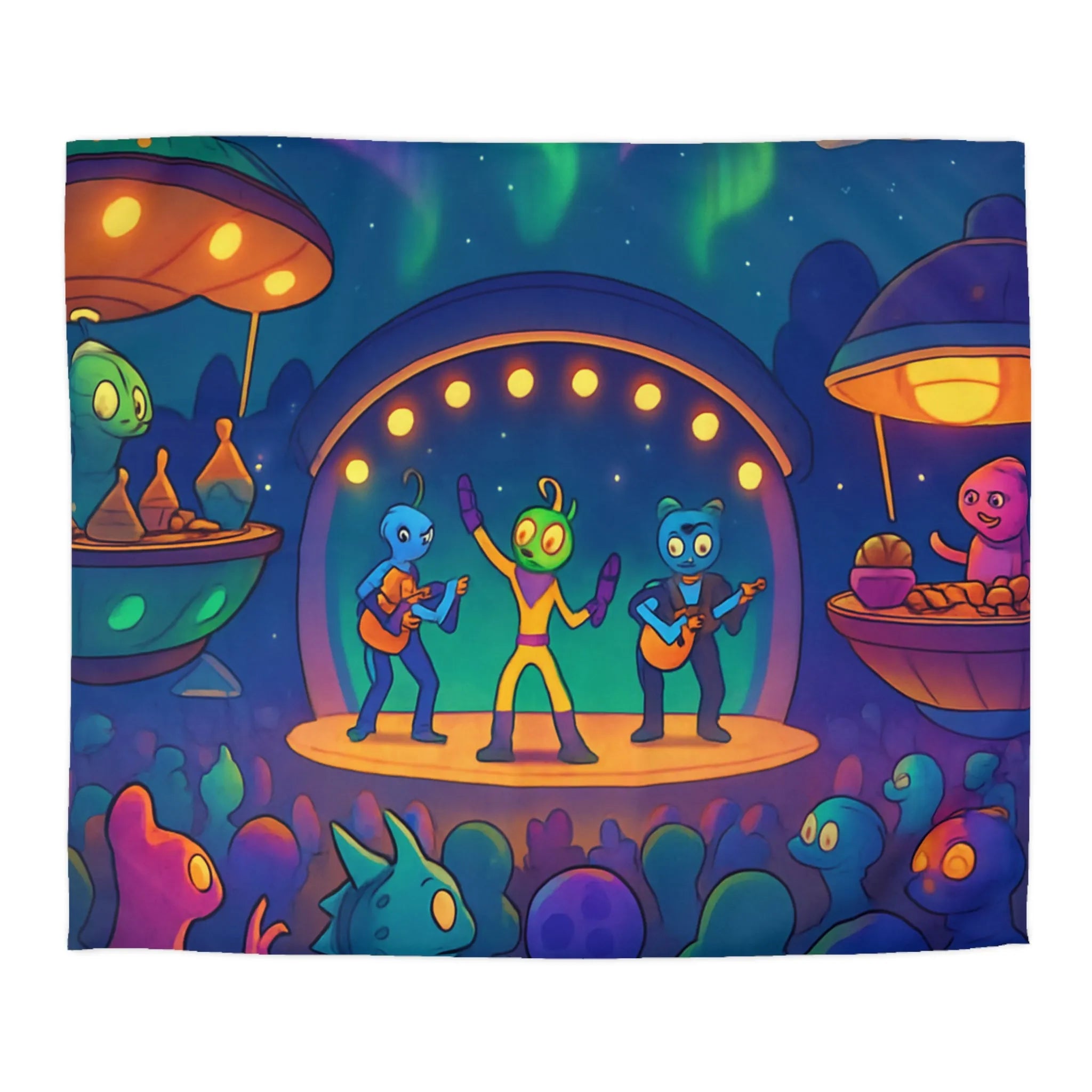 Housse de couette illustrée d'aliens en concert sous des aurores boréales éclatantes