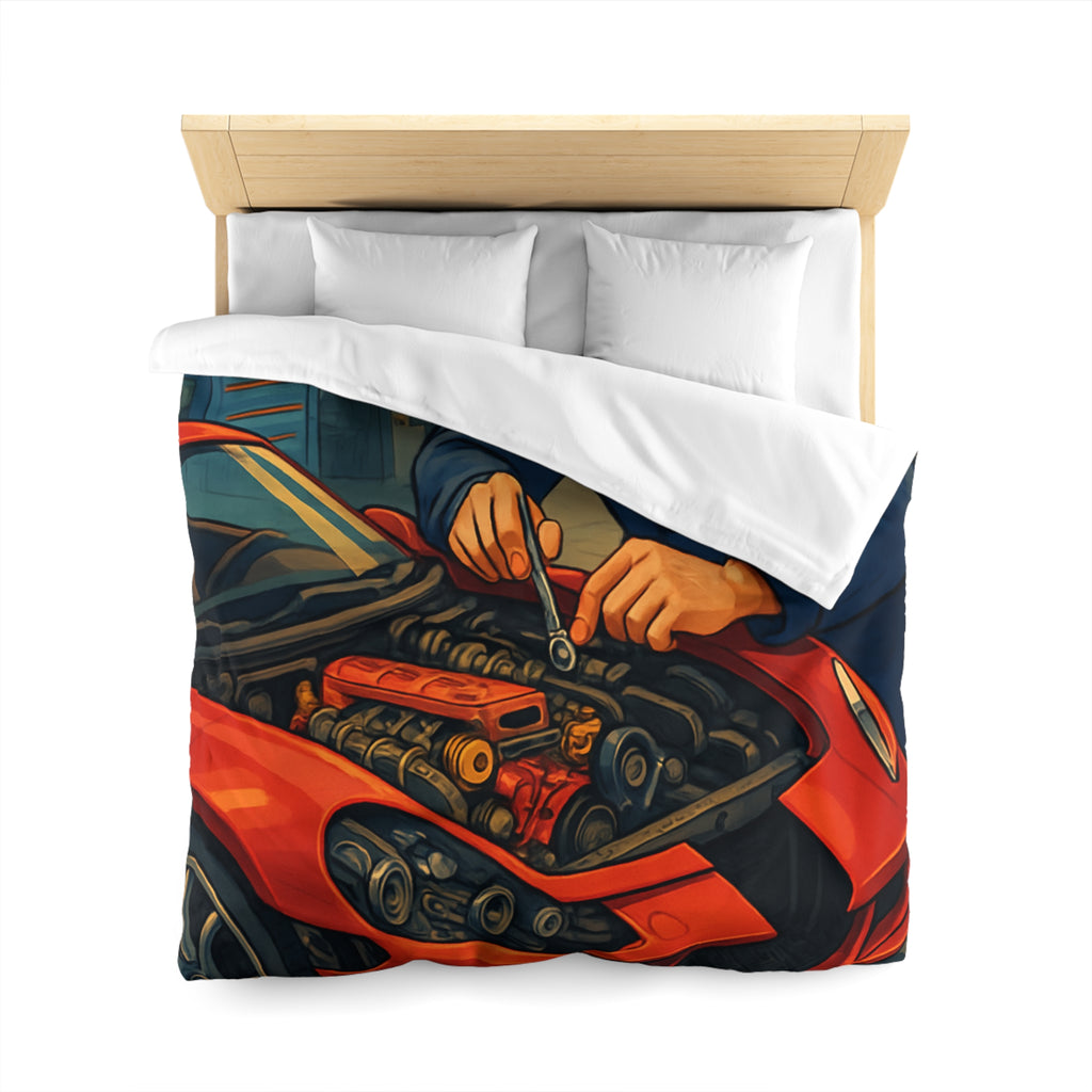 Housse de couette voiture rouge et mécanicien dans garage rétro pour chambre unique