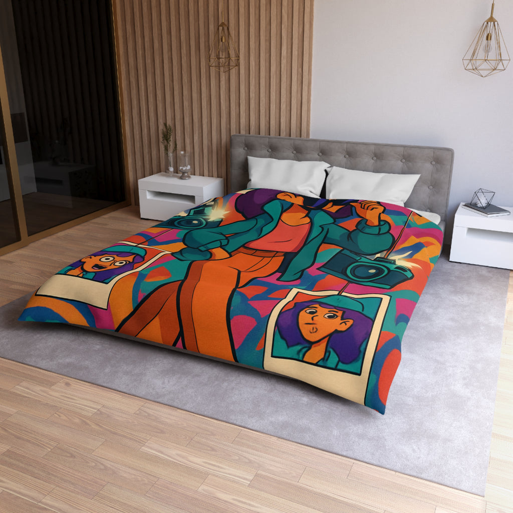 Housse de couette vivante avec personnage stylé marchant dans ambiance artistique colorée et ludique