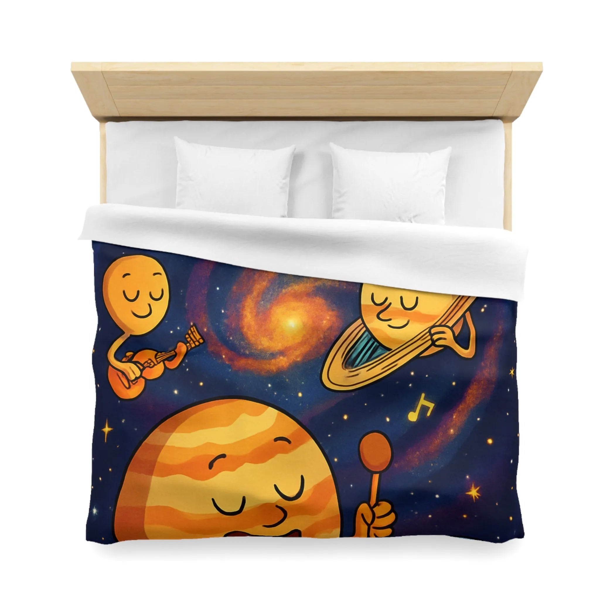 Ensemble joyeux de planètes musiciennes dans l'univers coloré pour housse de couette enfant