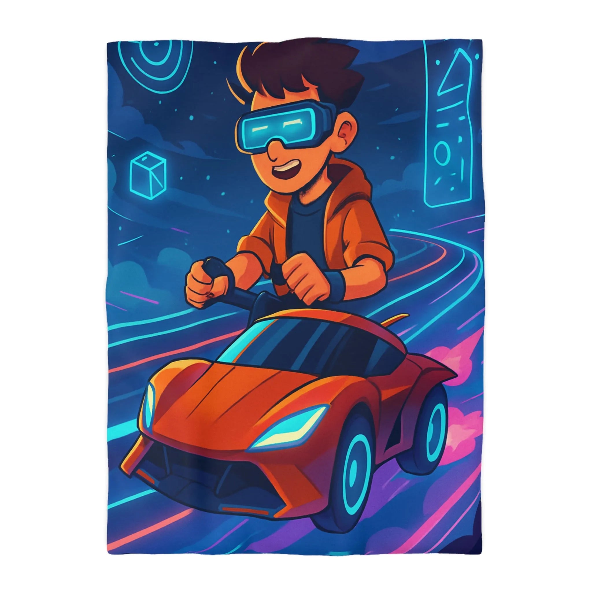 Housse de couette aventure virtuelle : joueur futuriste avec voiture de course dynamique et colorée