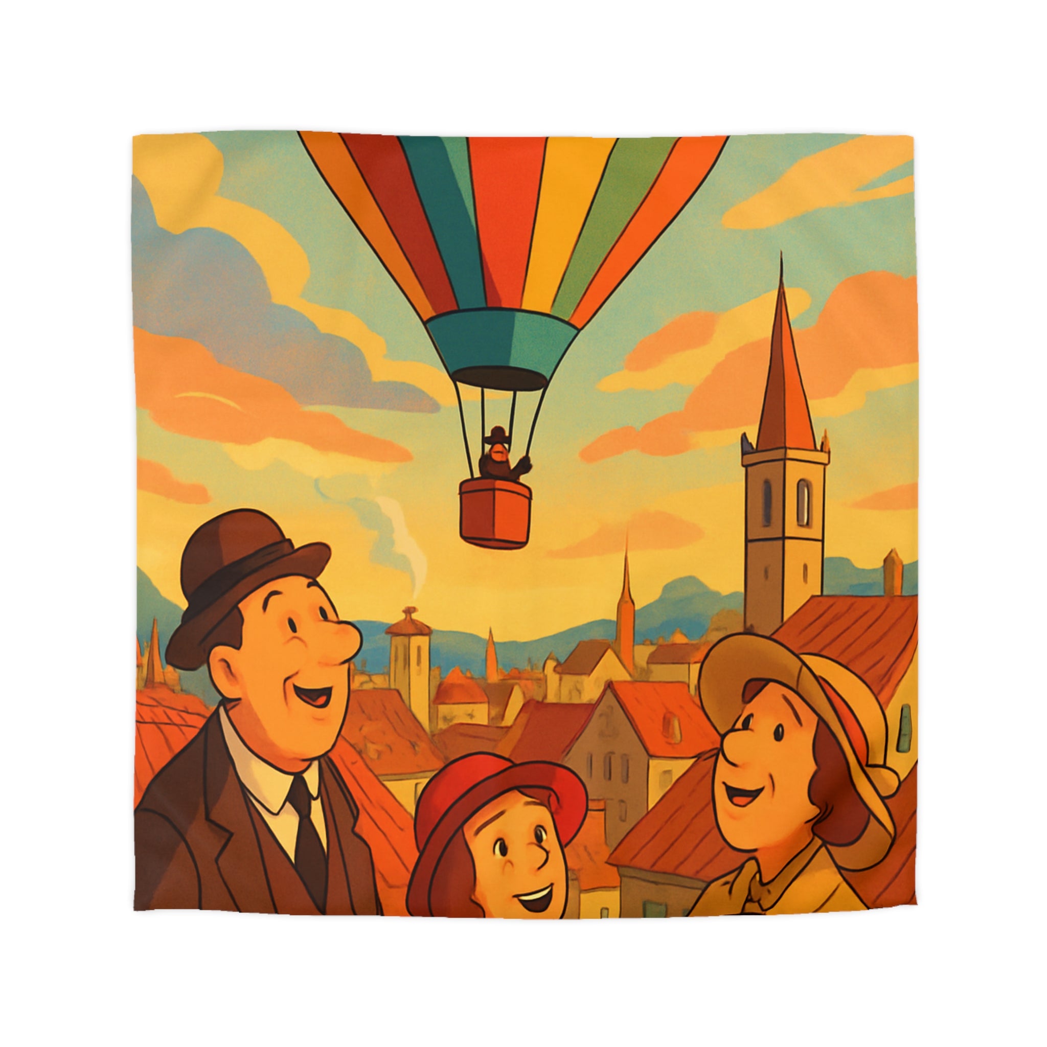 Housse de couette vintage avec montgolfière colorée et paysage urbain animé