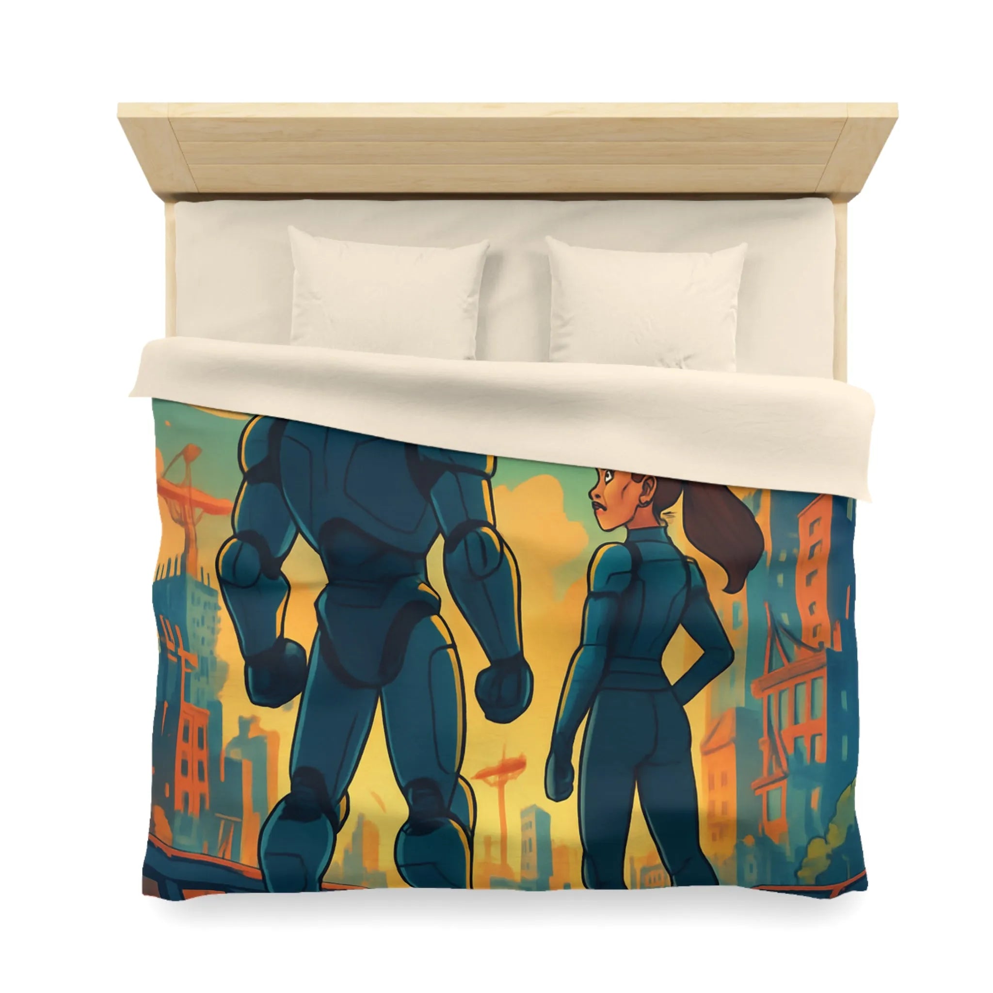 Housse de Couette Fine Imprimée Feux d’Artifice et Futuriste Ville Robotique Dessinée