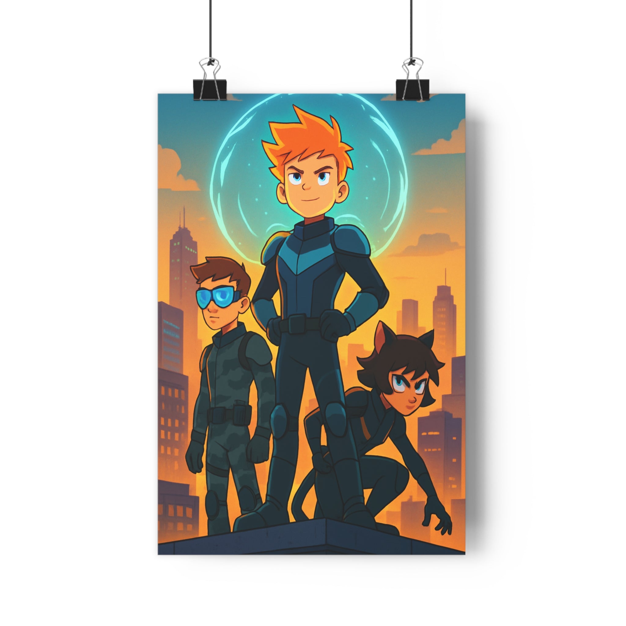 Poster décoratif anime futuriste orange bleu héros urbain aventure chambre salon enfant style unique