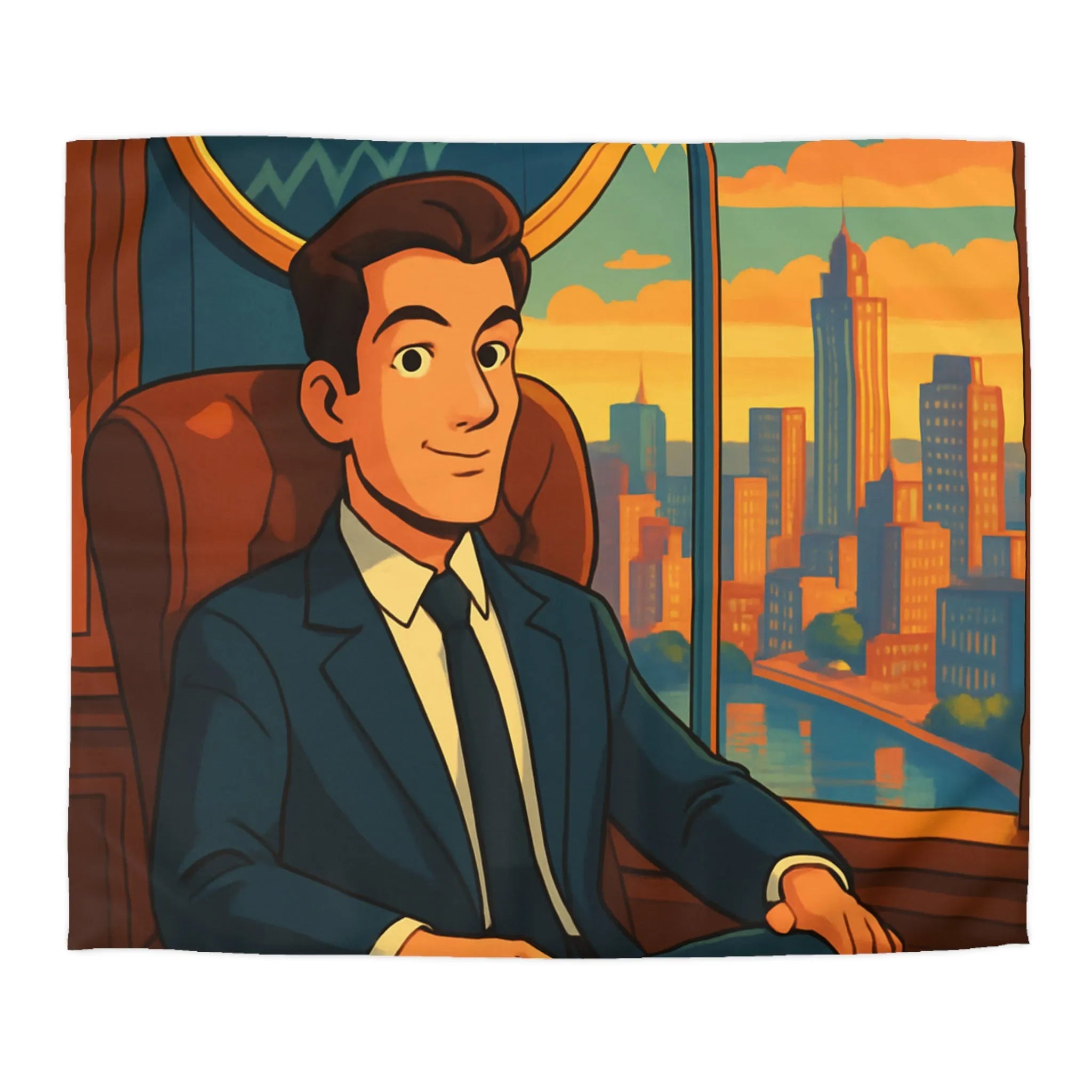 Élégante housse de couette avec homme d'affaires et horizon urbain stylisé en coucher de soleil