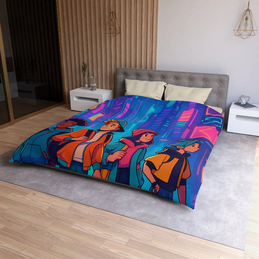 Couette Futuriste Enfants Explorateurs Style Rétro-Cyberpunk avec Néons Colorés pour Chambre Moderne