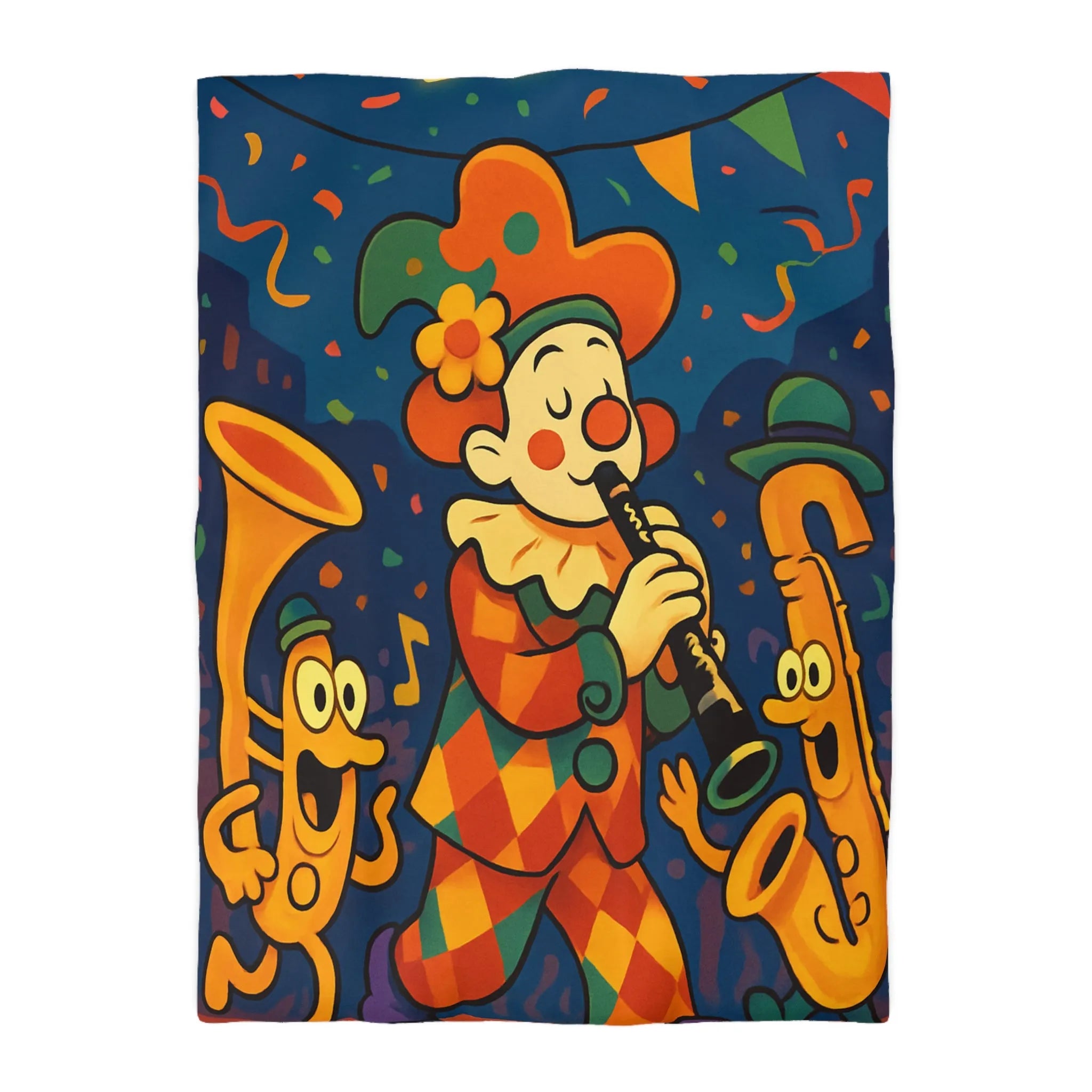 Housse de Couette Fantaisiste avec Clown et Instruments dans Parade Colorée et Lumineuse