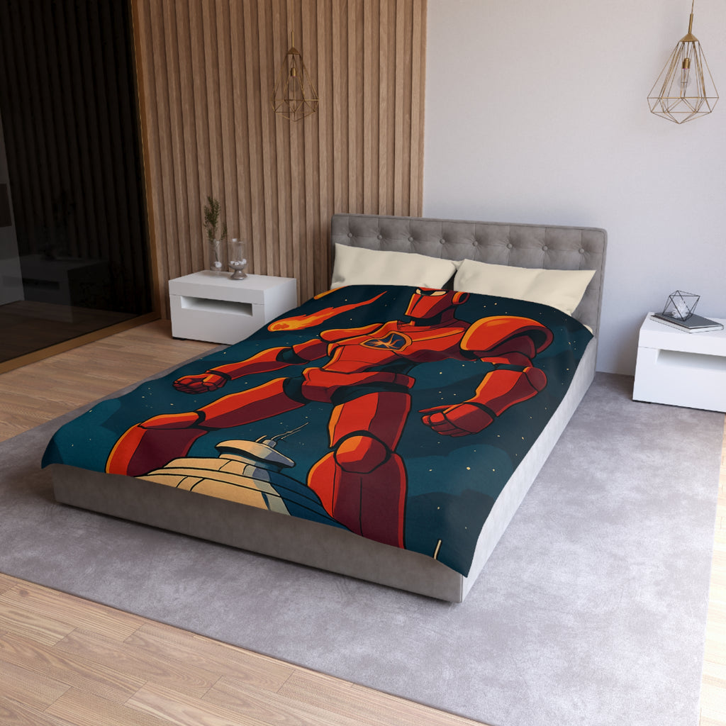 Housse de couette robot géant rouge séduisant avec météores dans l'espace étoilé