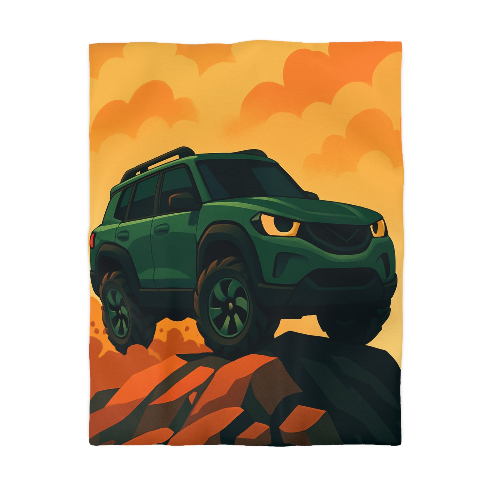 Housse de couette SUV vert, illustrée, ambiance aventure, nuages orange, montagne rocailleuse