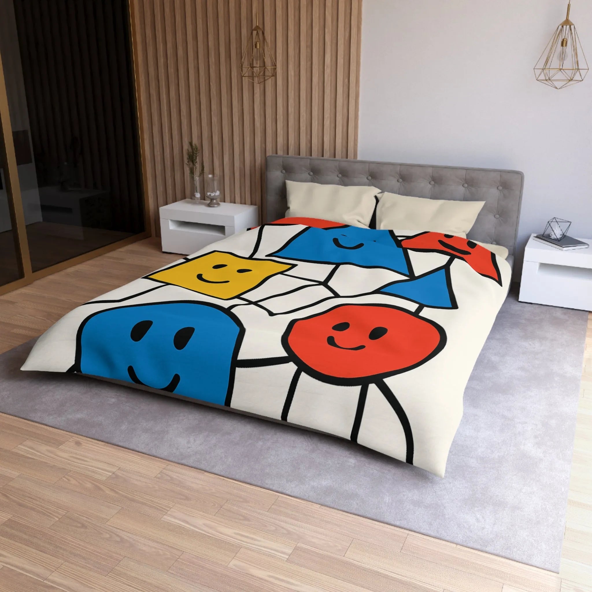 Housse de couette colorée avec formes géométriques amusantes et visages souriants pour enfants