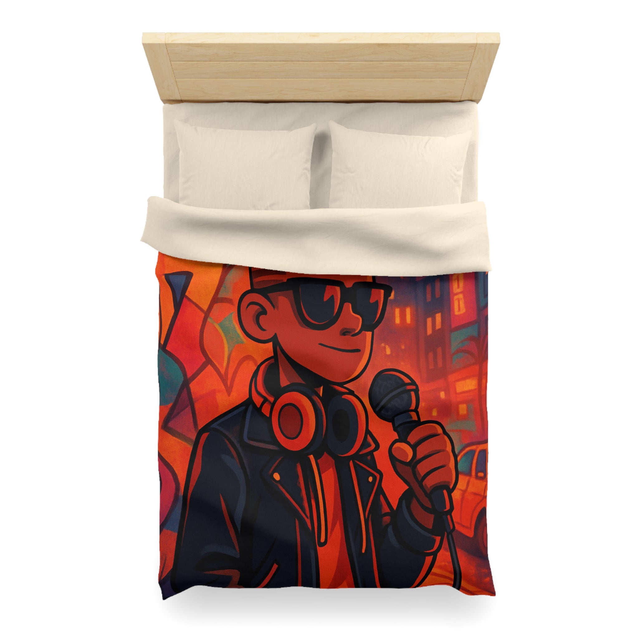 Housse de couette urbaine rétro avec chanteur hip-hop et graphismes vibrants de ville
