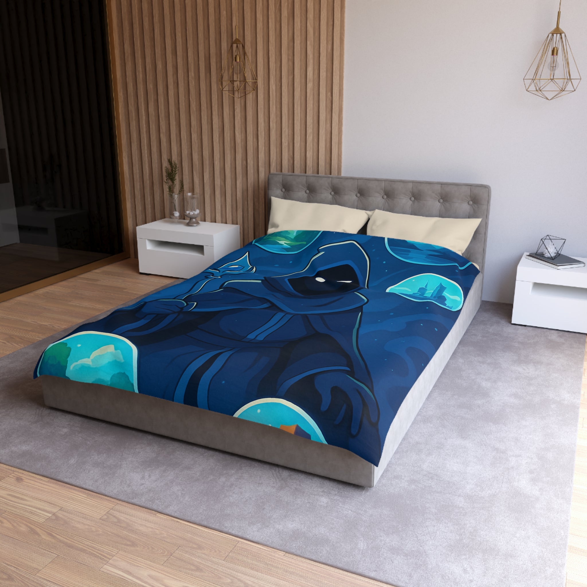 Housse de couette mystique avec sorcier et paysages fantastiques pour chambre à thème magique