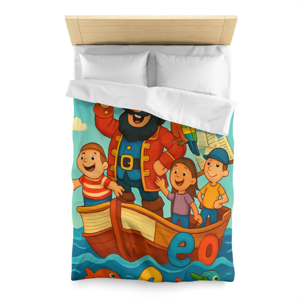 Housse de couette enfant pirate avec voyelles, perroquet et mer colorée