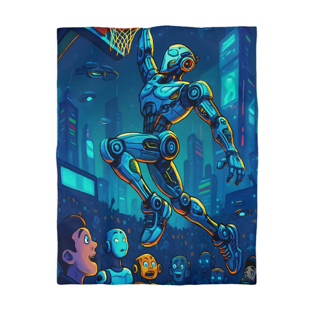 Housse de couette futuriste avec robot jouant au basket dans une ville lumineuse