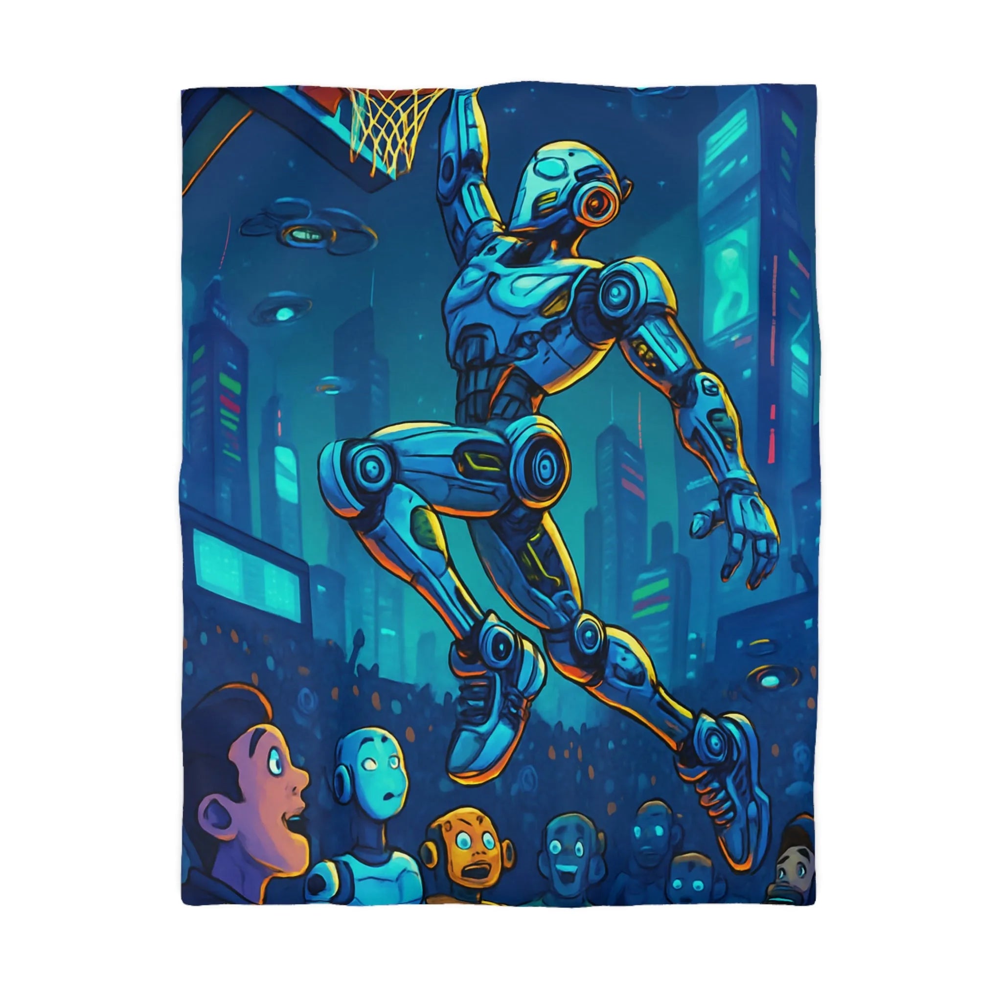 Housse de couette futuriste avec robot jouant au basket dans une ville lumineuse