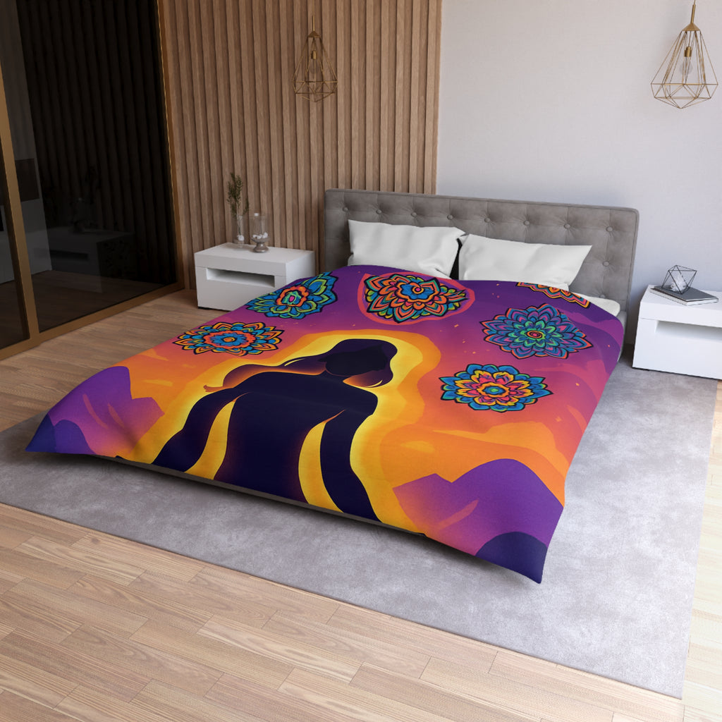 Paisible méditation silhouettée avec mandalas colorés et paysage crépusculaire serein et enchanteur