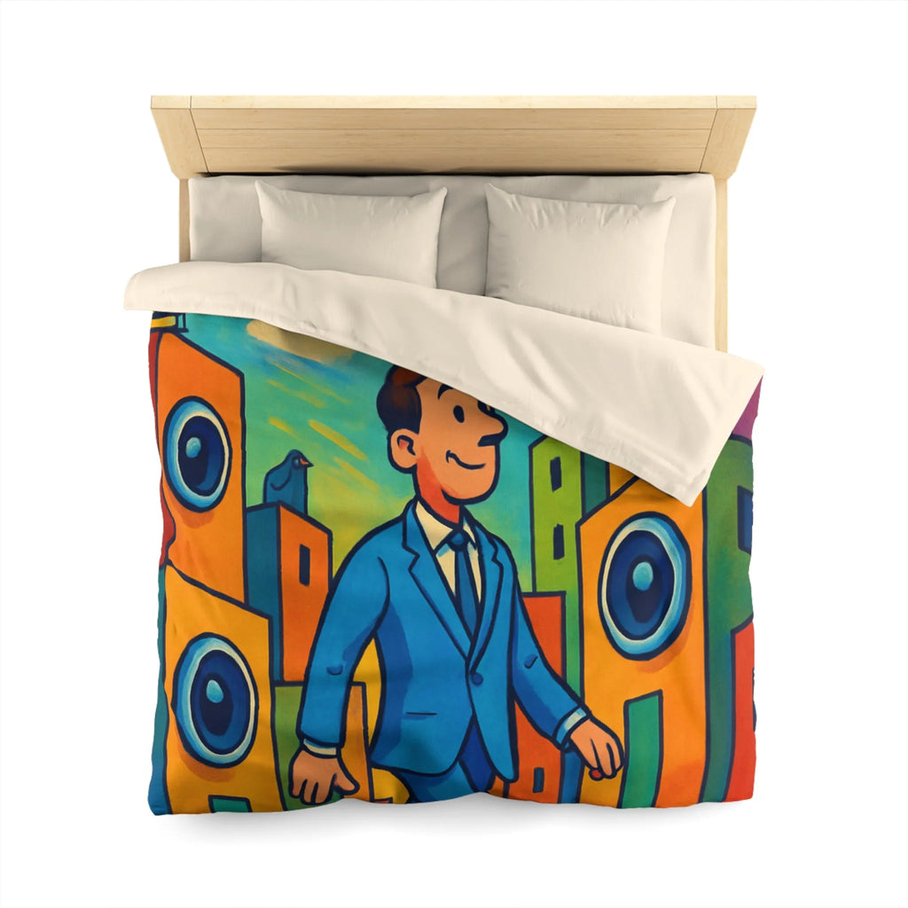 Housse de couette colorée avec homme stylisé marchant dans un paysage urbain coloré