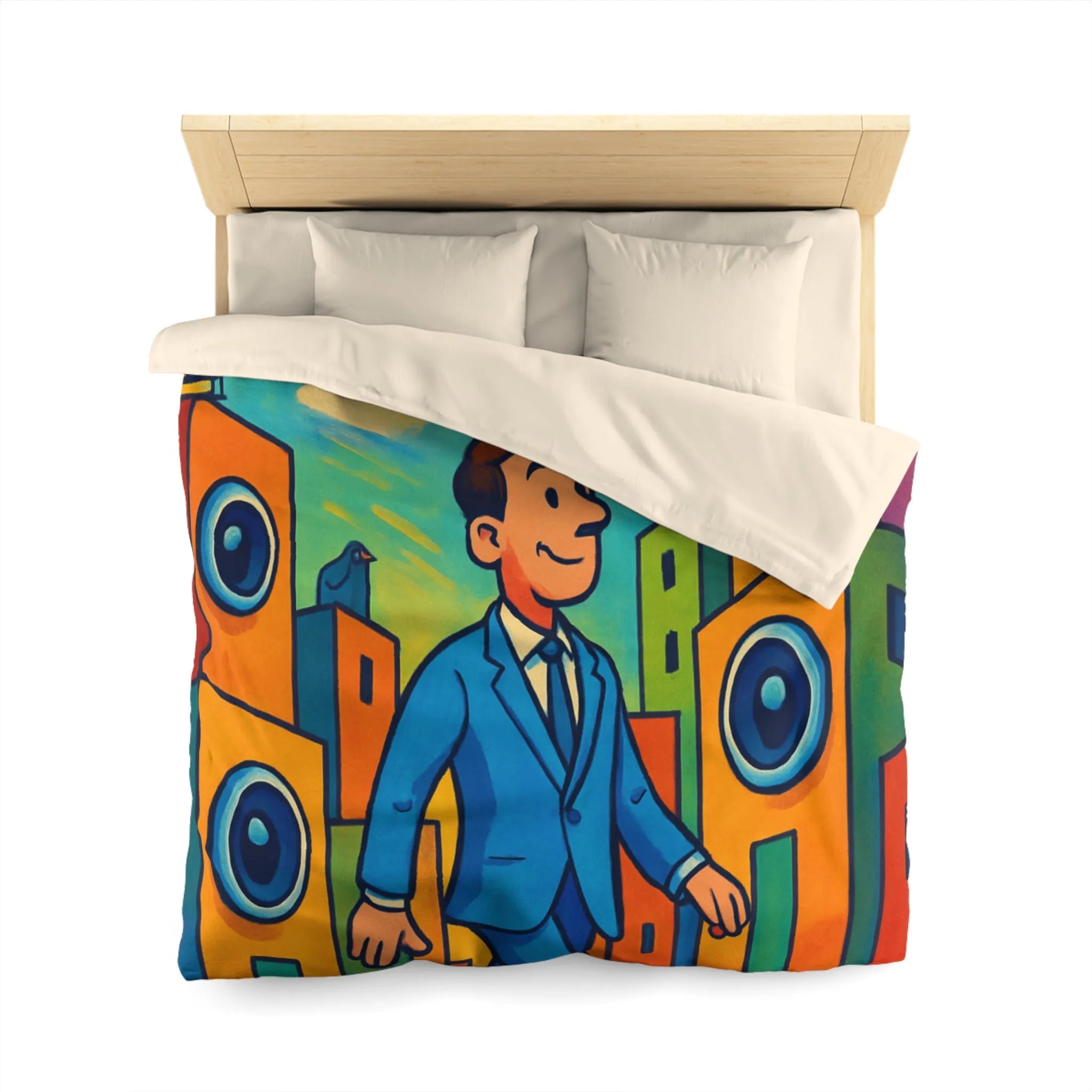 Housse de couette colorée avec homme stylisé marchant dans un paysage urbain coloré