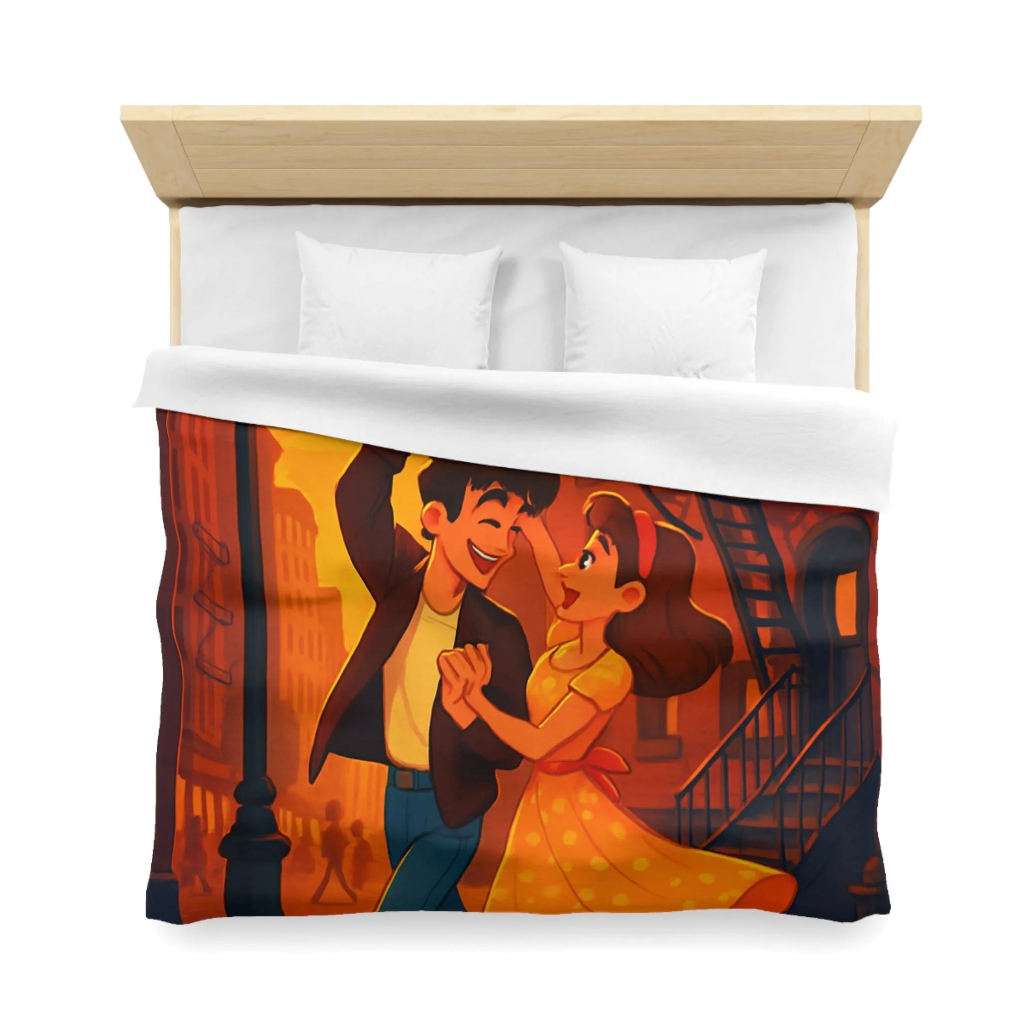 Danse romantique rétro sous réverbère vintage, ambiance urbaine crépusculaire charmante et nostalgique