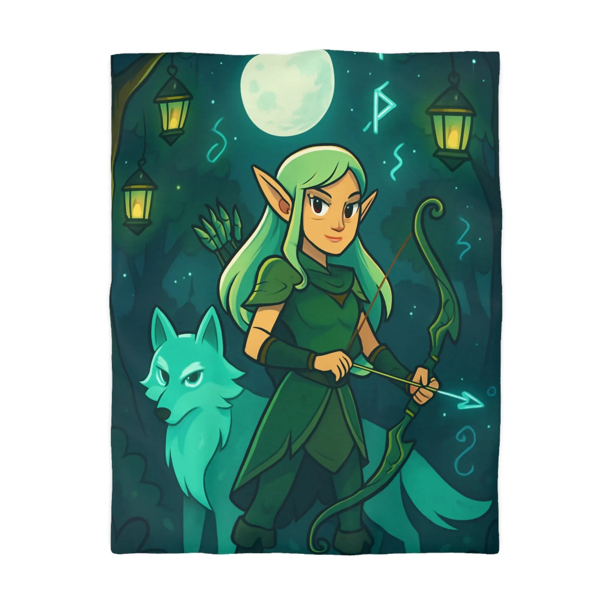 Housse de couette elfe archère et loup sous lune magique dans forêt mystérieuse