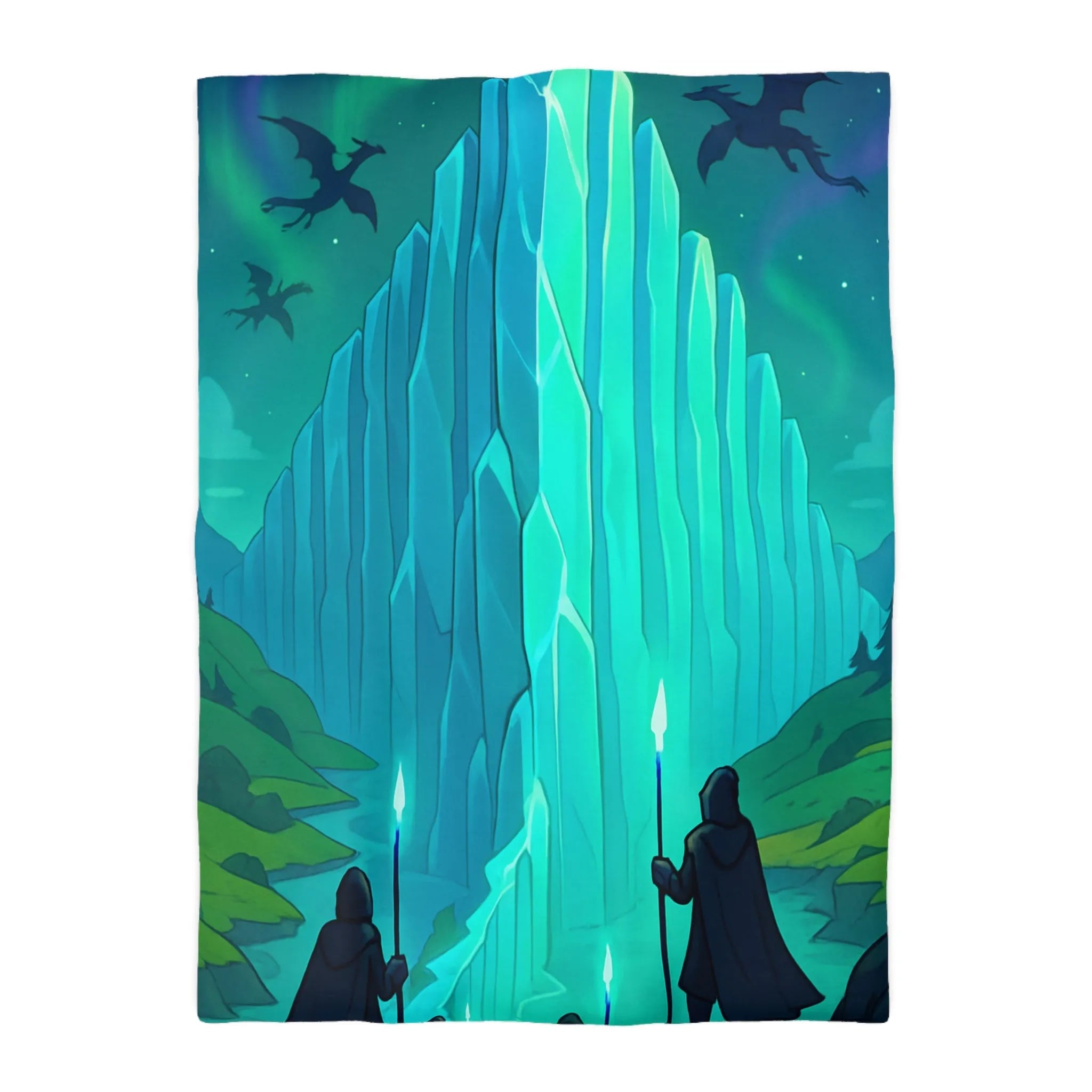 Housse de couette fantastique avec cristal géant et silhouettes de dragons au crépuscule