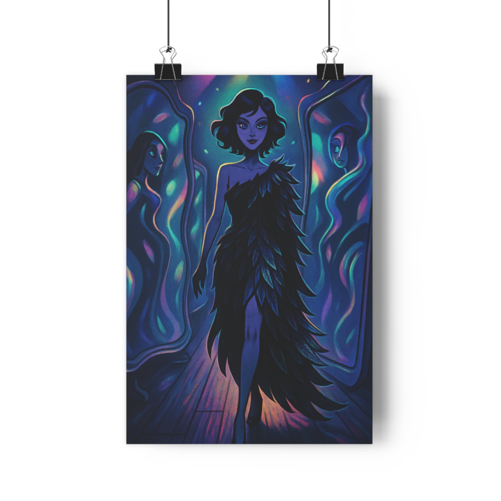Poster décoratif mystérieux femme noir élégance art numérique violet bleu salon moderne qualité premium