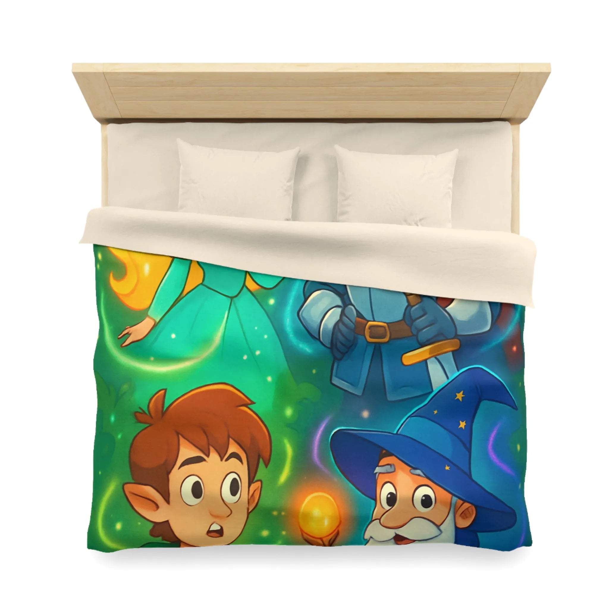 Housse de couette avec chevalier, magicien, princesse et elfes pour chambre enfant
