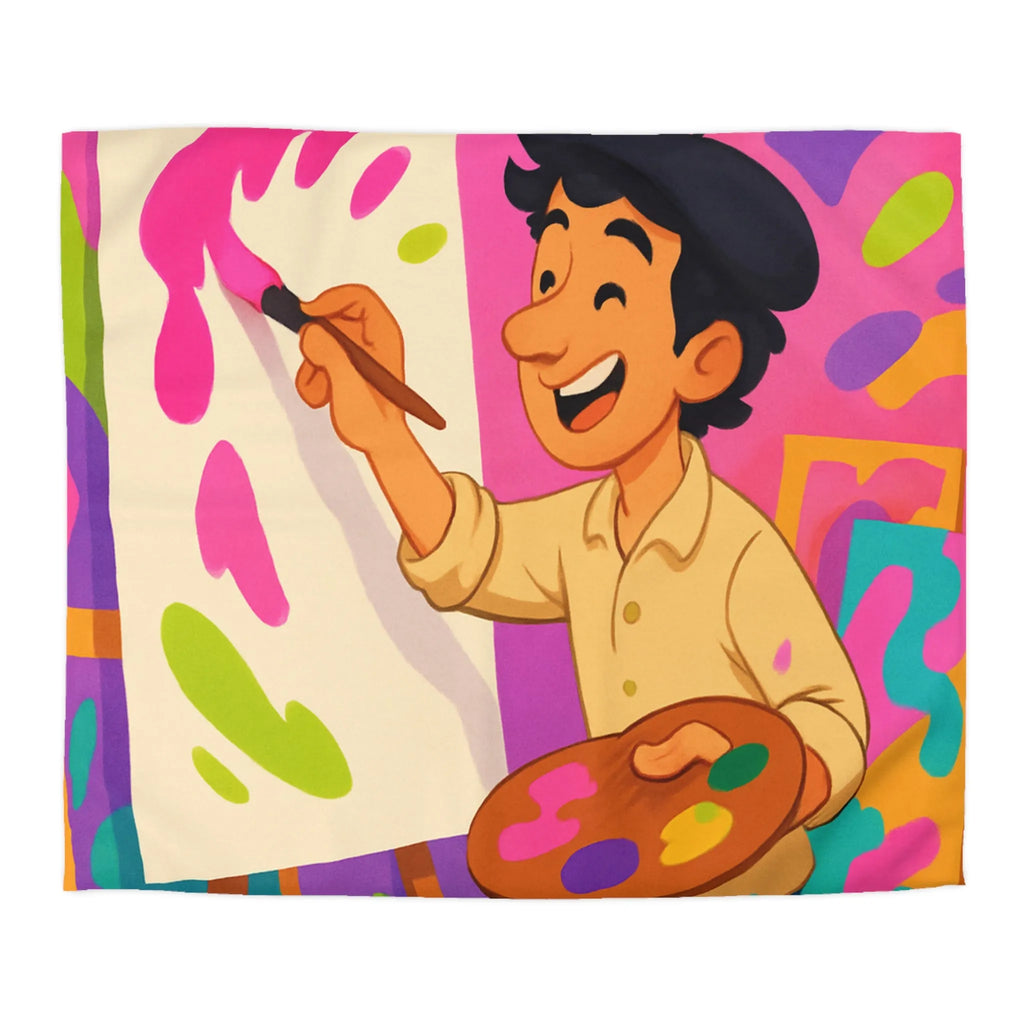 Housse de couette colorée avec artiste joyeux peignant des éclaboussures lumineuses abstraites