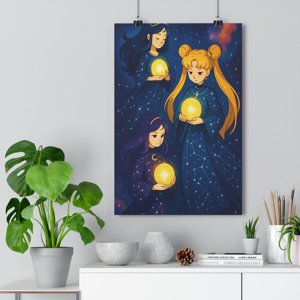 Poster décoratif cosmique bleu jaune mystique féminin dessin animé étoilé chambre magique constellation ambiance