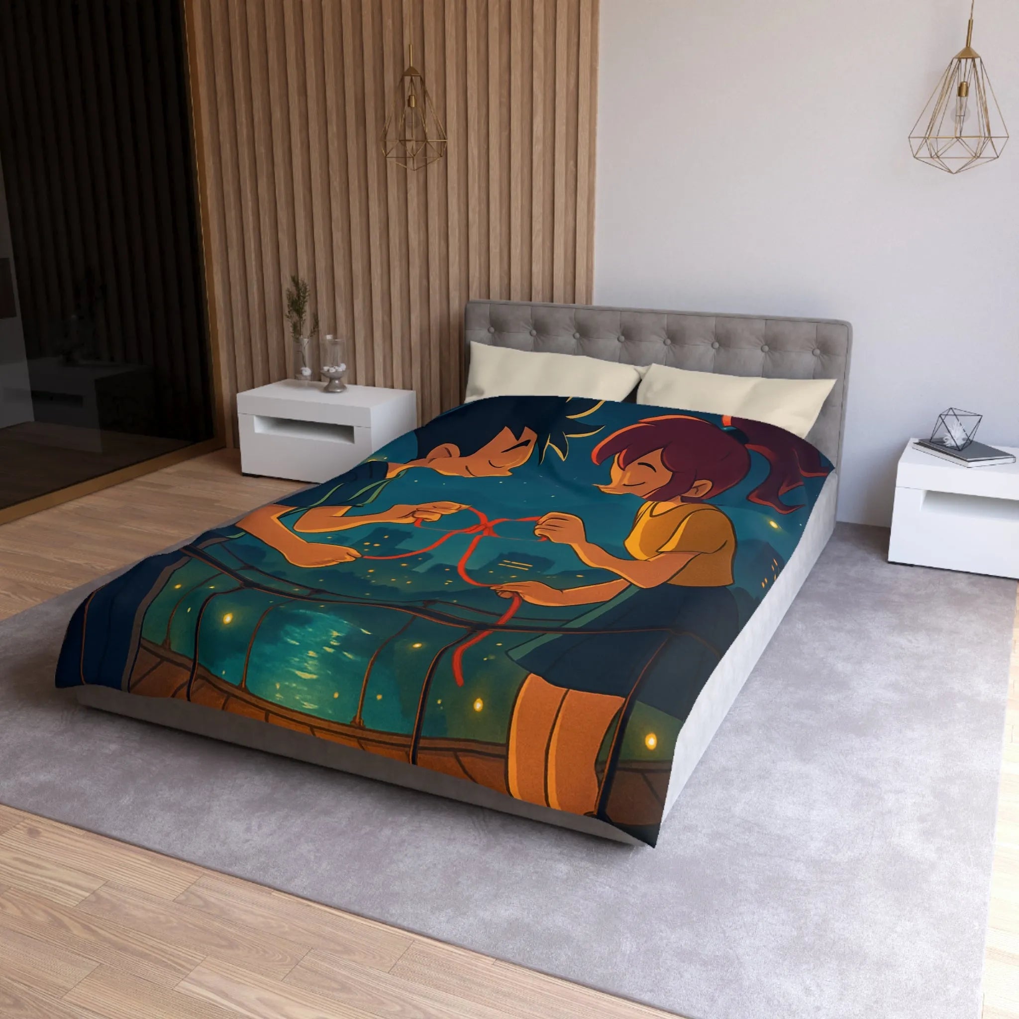 Housse de couette animée couple amoureux sur pont au-dessus d'une ville étoilée