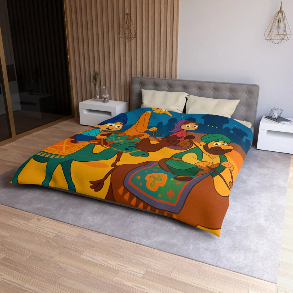 Housse de couette illustrée des enfants et chameaux sous un ciel étoilé magique