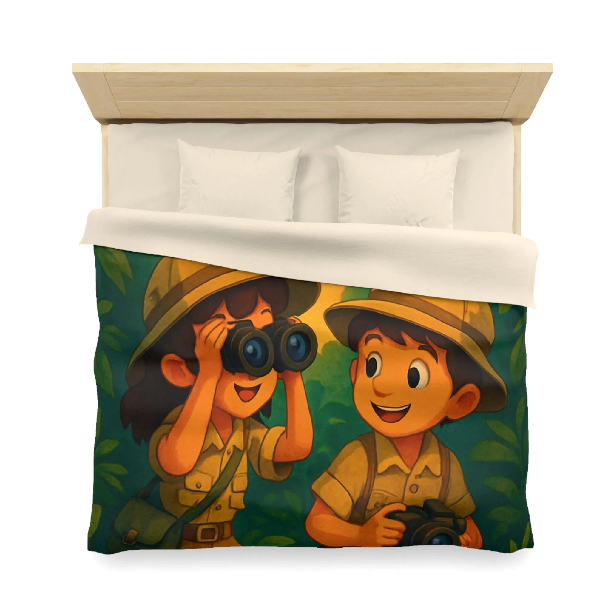 Housse de couette jungle colorée avec enfants explorateurs, perroquet et éléphant mignon