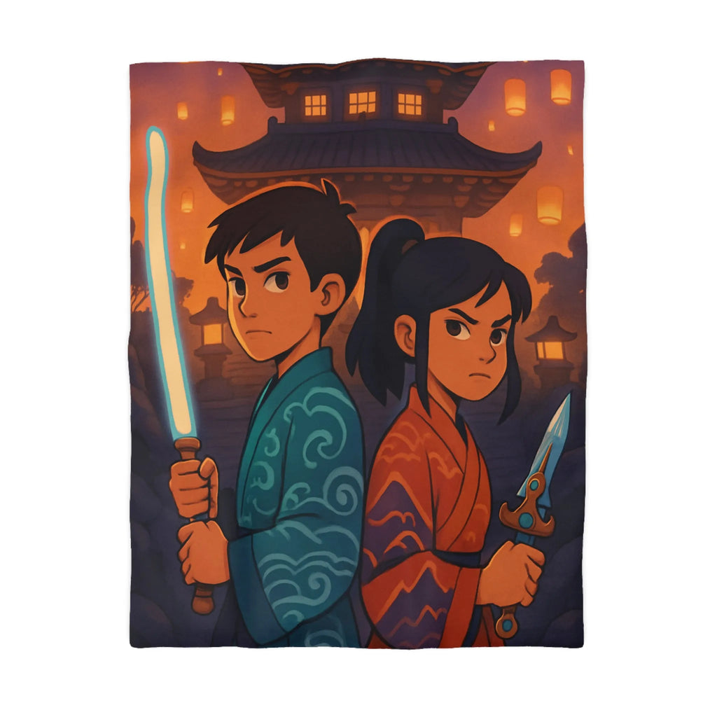 Housse de couette avec enfants guerriers, lanterne céleste, temple ancien, ambiance mystique