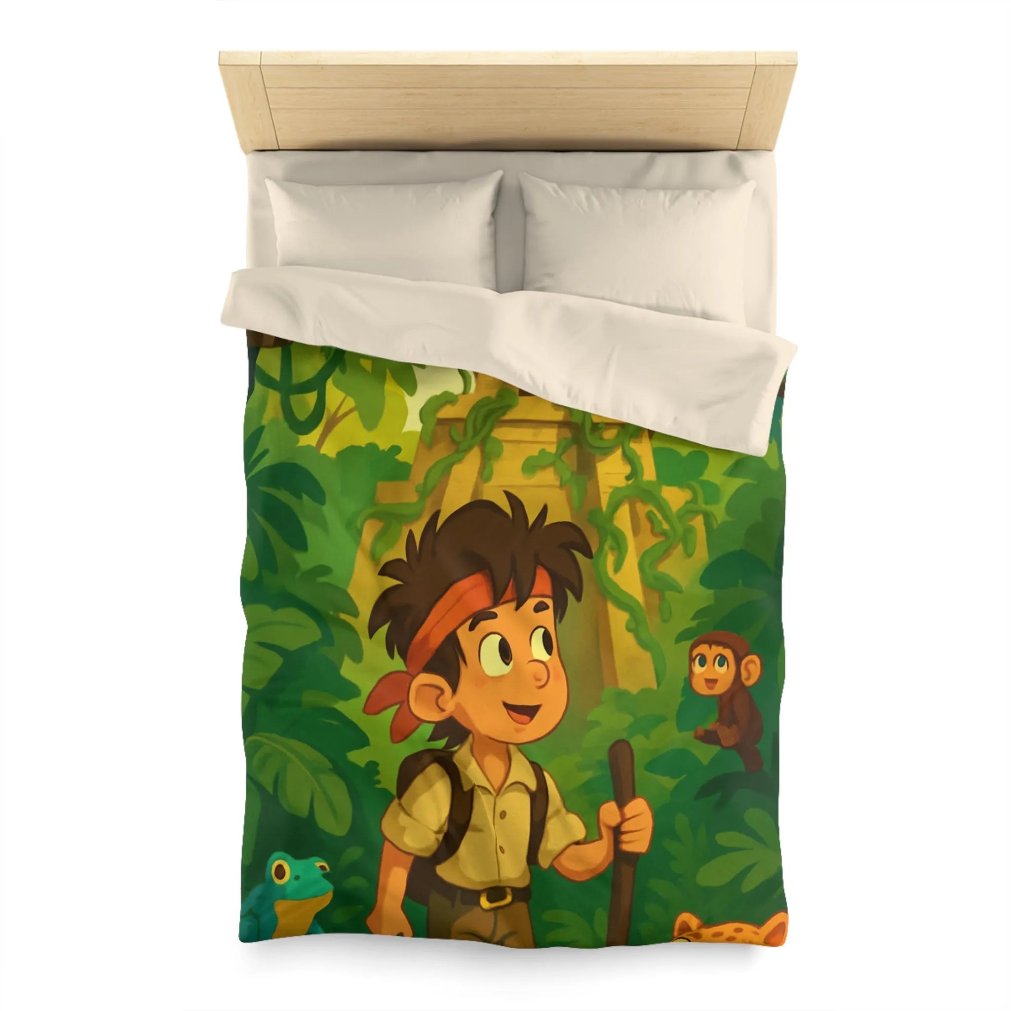 Housse de couette aventure jungle exotique pour chambre d'enfant avec animaux et temple