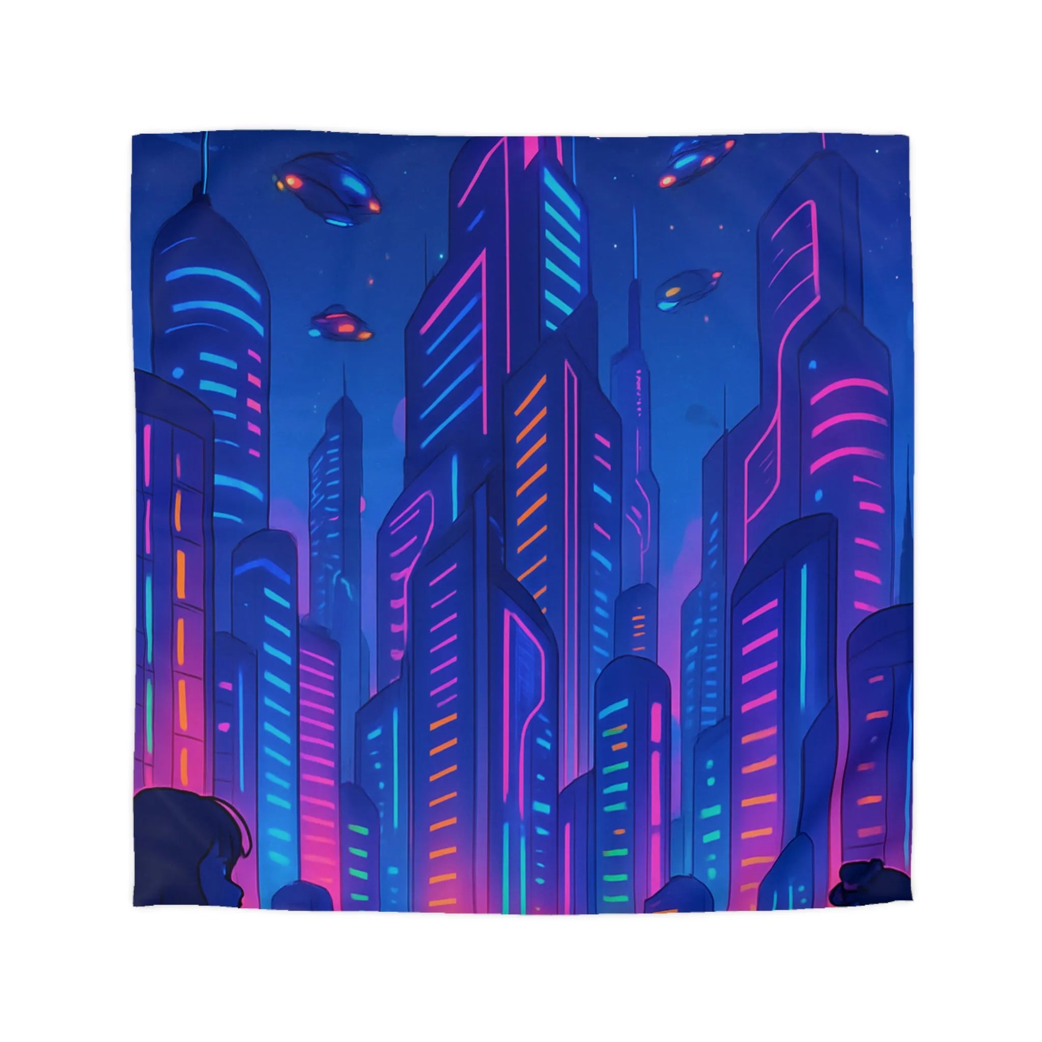 Housse de Couette Futuriste avec Gratte-Ciels Néons et Vaisseaux Spatiaux Lumineux pour Enfants